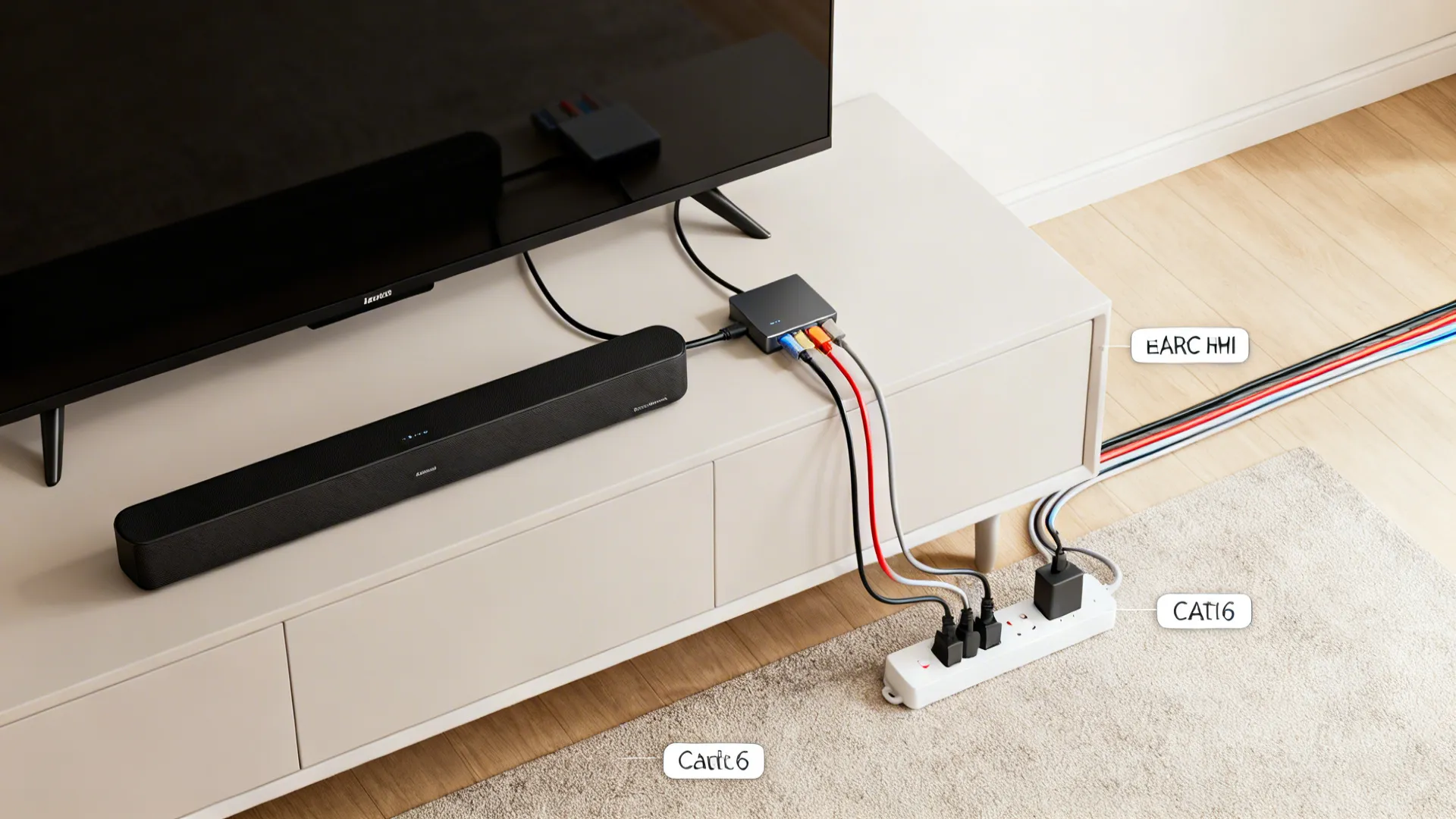 Top-down view of simplified eARC HDMI, single Cat6 to switch, and consolidated power strip.