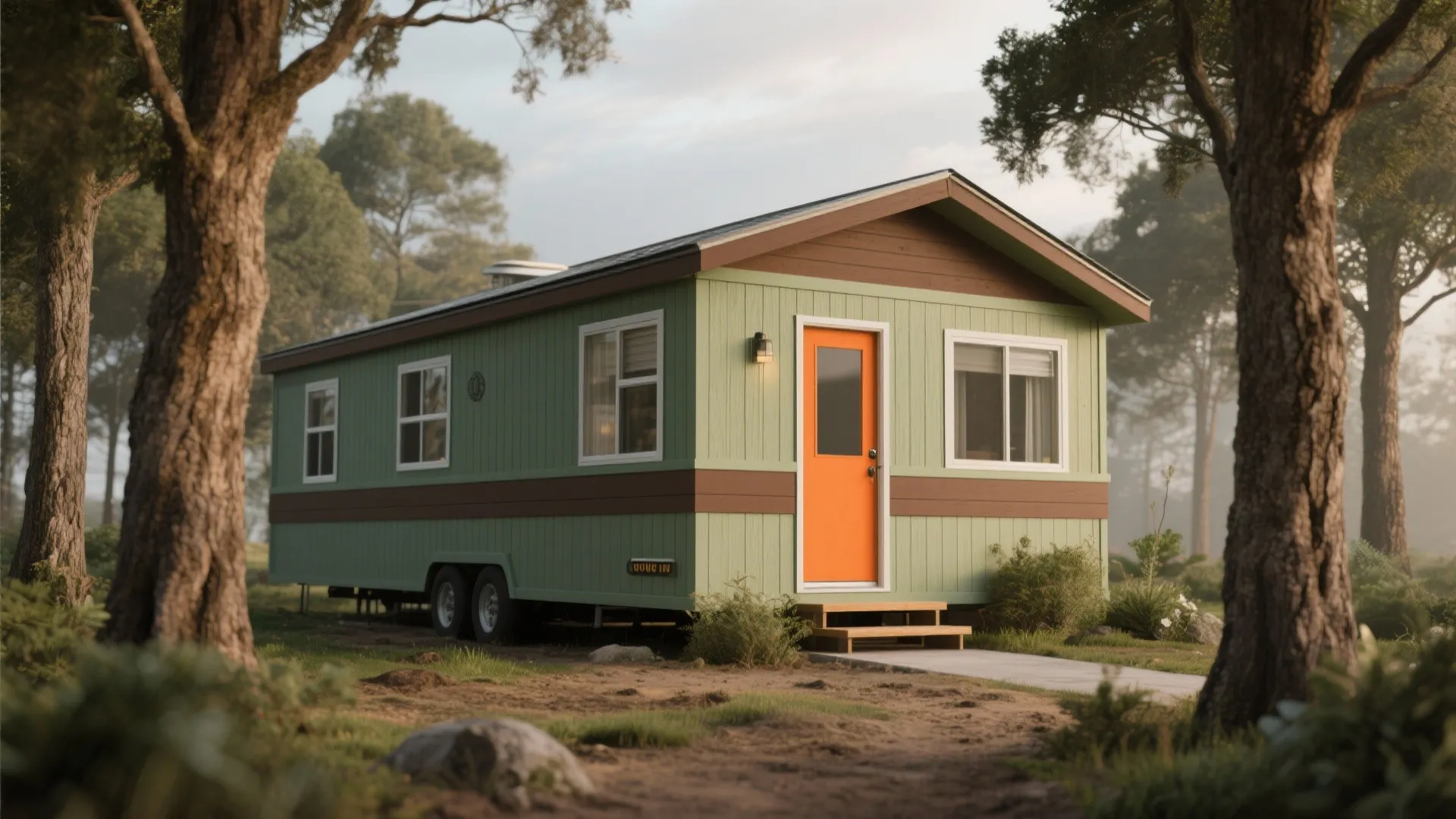 Mobile home with olive-sage siding and chestnut trim blending into a tree-filled landscape.
