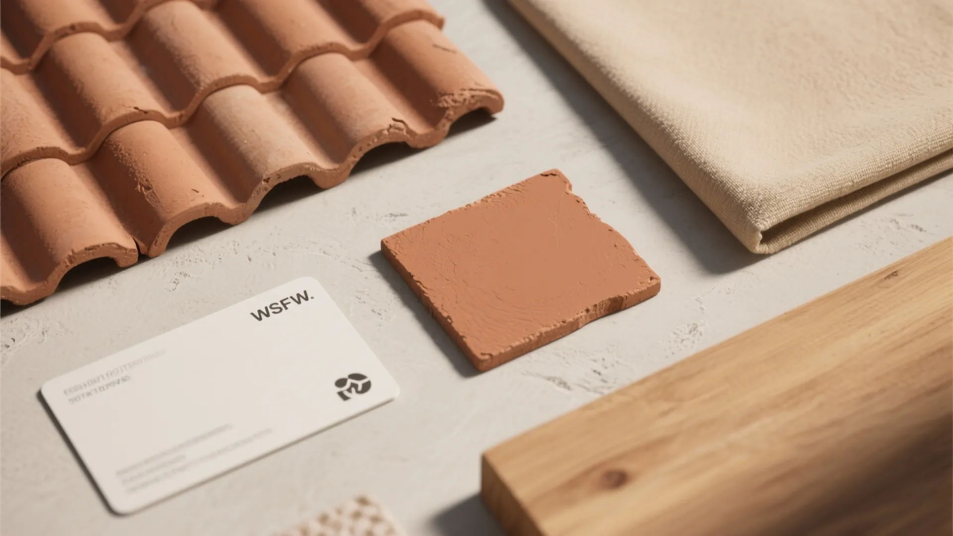 Interior design material board with orange roof tiles fabric wood sample and a white card