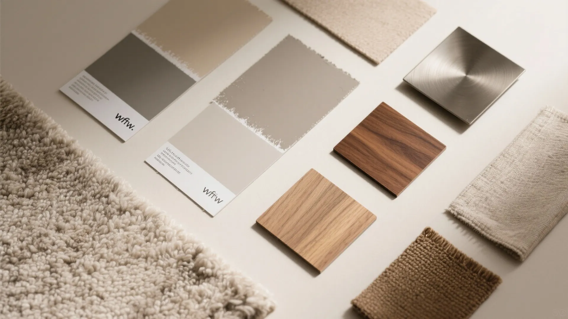 Mood board with paint samples wood pieces metal plate and fabric textures for interior design project