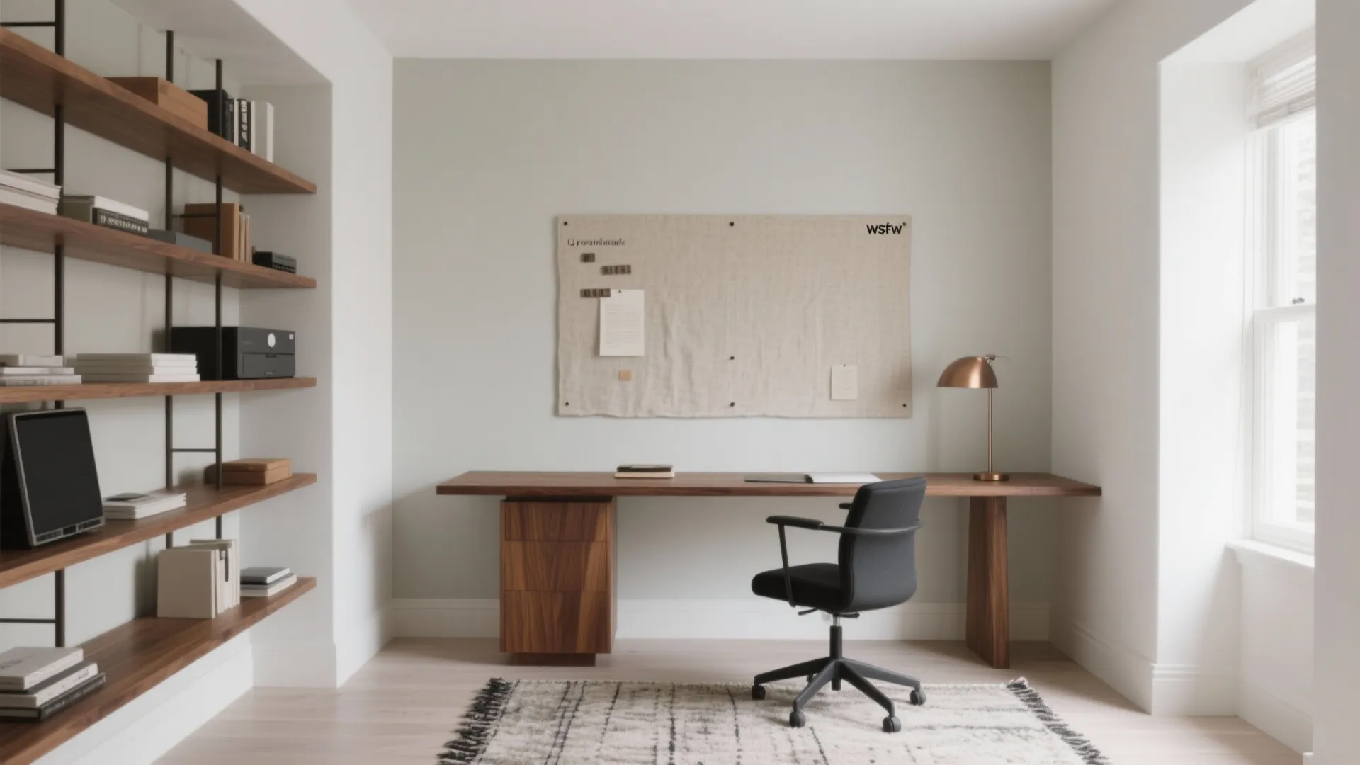 Bright minimal home workspace featuring long wooden desk black office chair and built in shelves