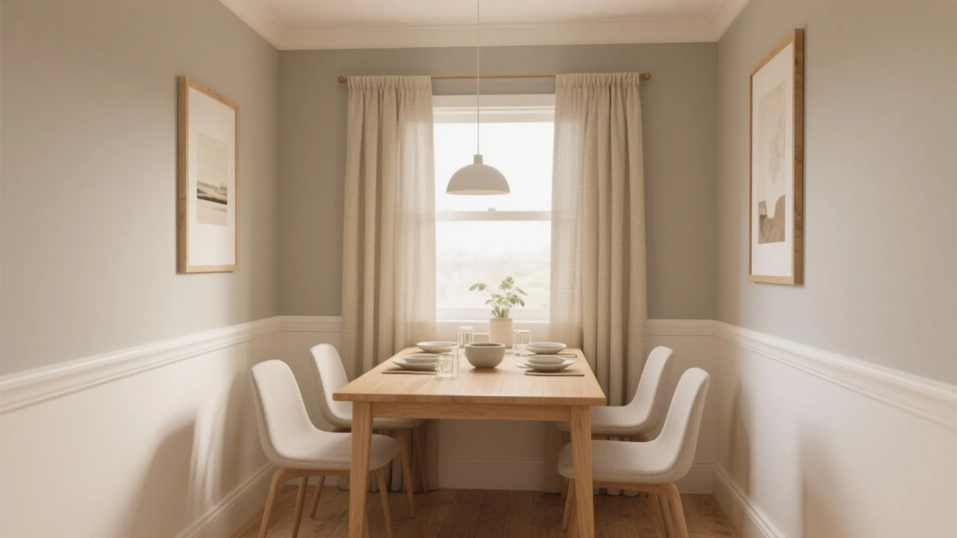 Small dining space with white wall panel beige curtains wooden table and white modern chairs