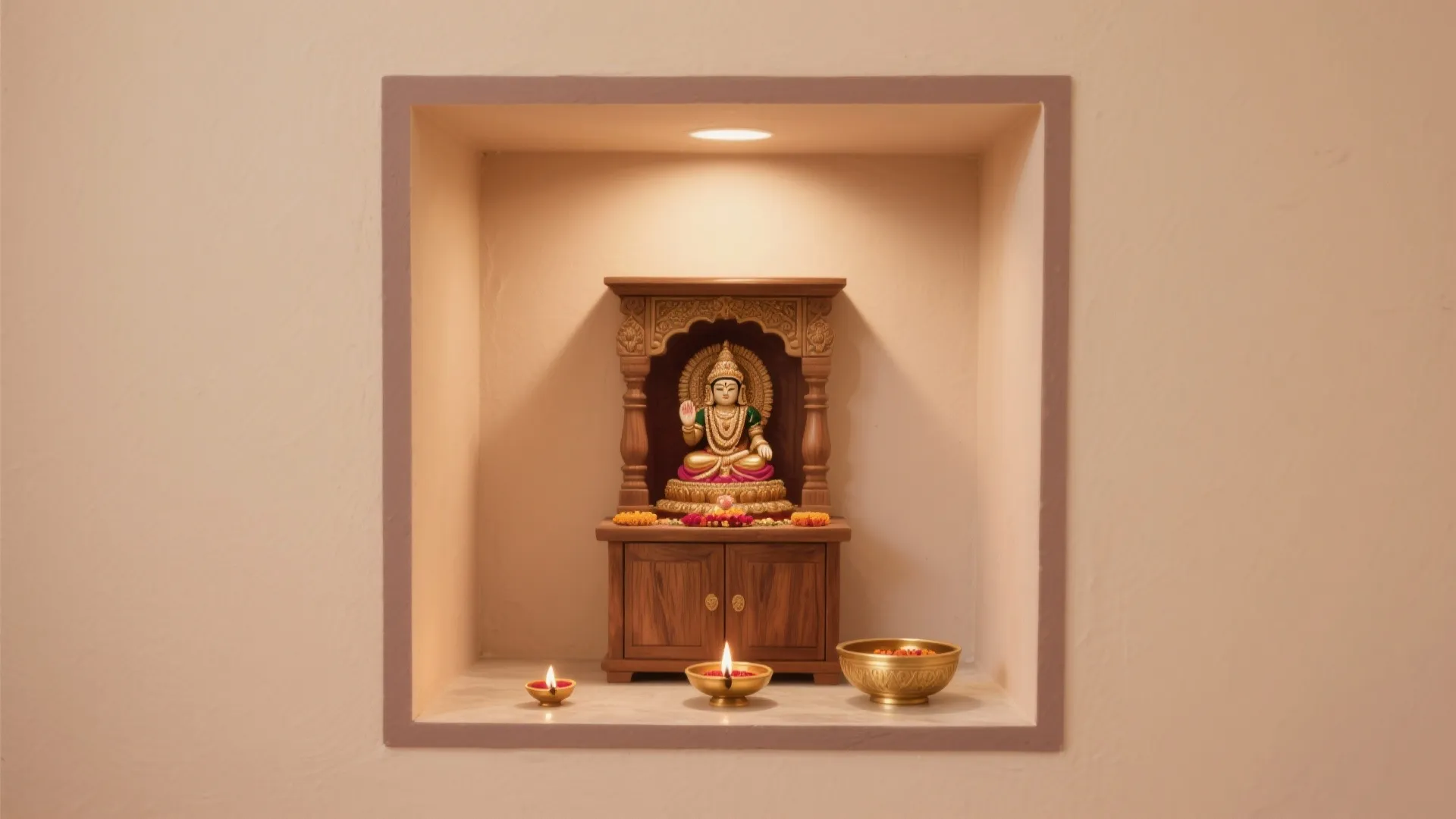 Small alcove pooja room in clay beige satin with wooden mandir and brass diyas.