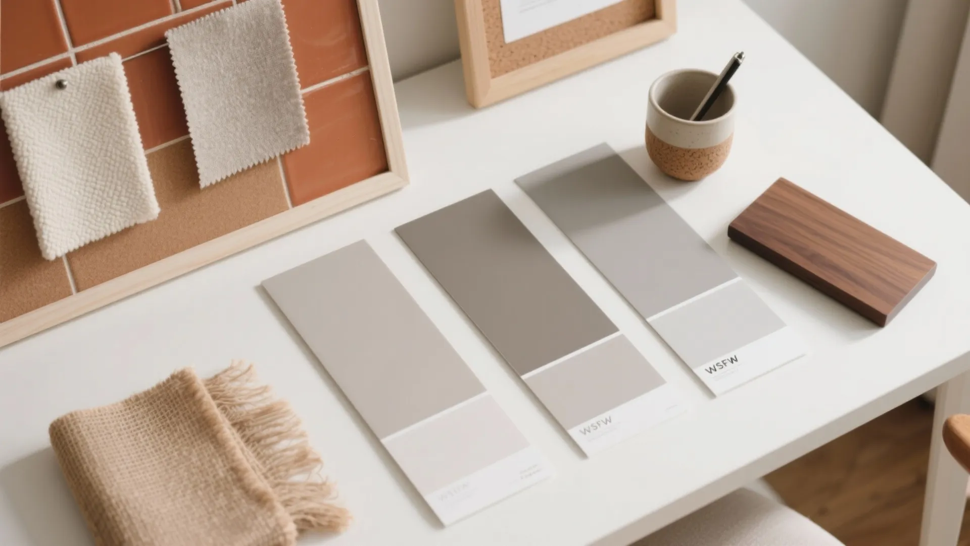 White desk showing grey color palette cards, fabric swatches, wood sample, and small ceramic cup