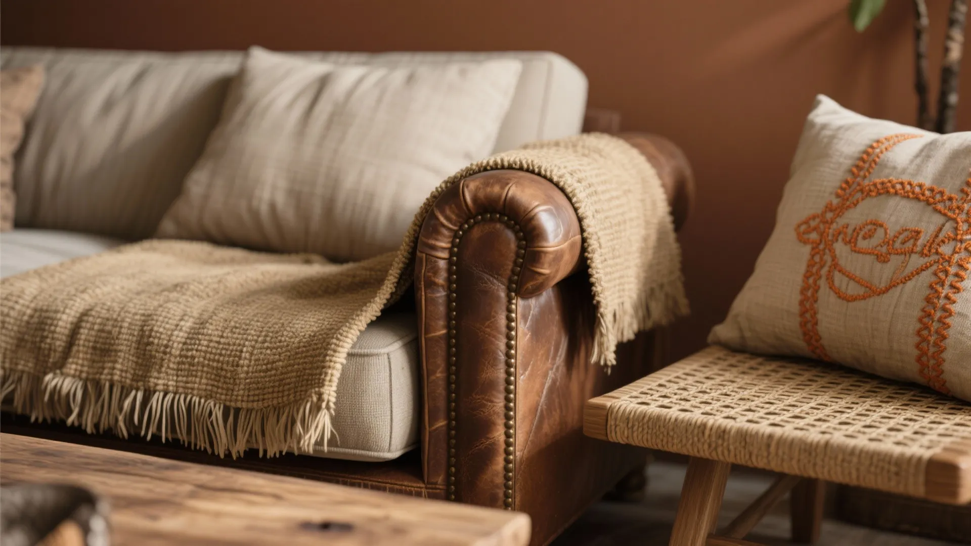 Close up of brown leather sofa with beige blanket and pillows next to woven footrest