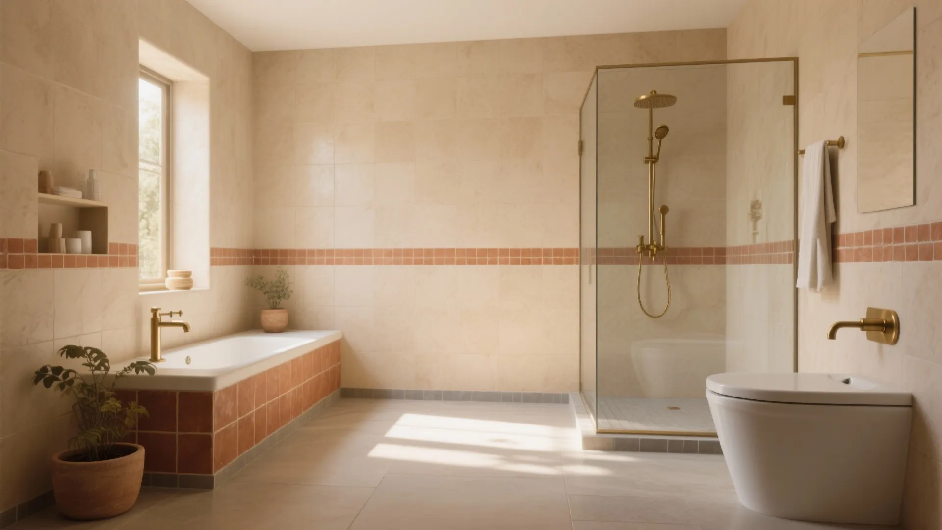 Earth tone bathroom featuring terracotta tiles, glass shower, white bathtub, white toilet, and gold faucets
