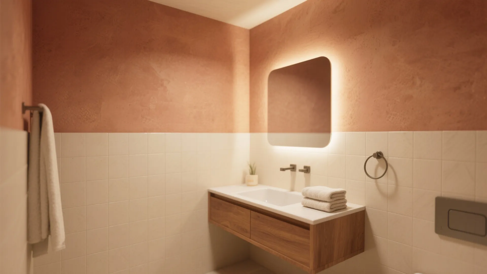 Guest bathroom with soft terracotta and warm beige tones, wood vanity and soft lighting.