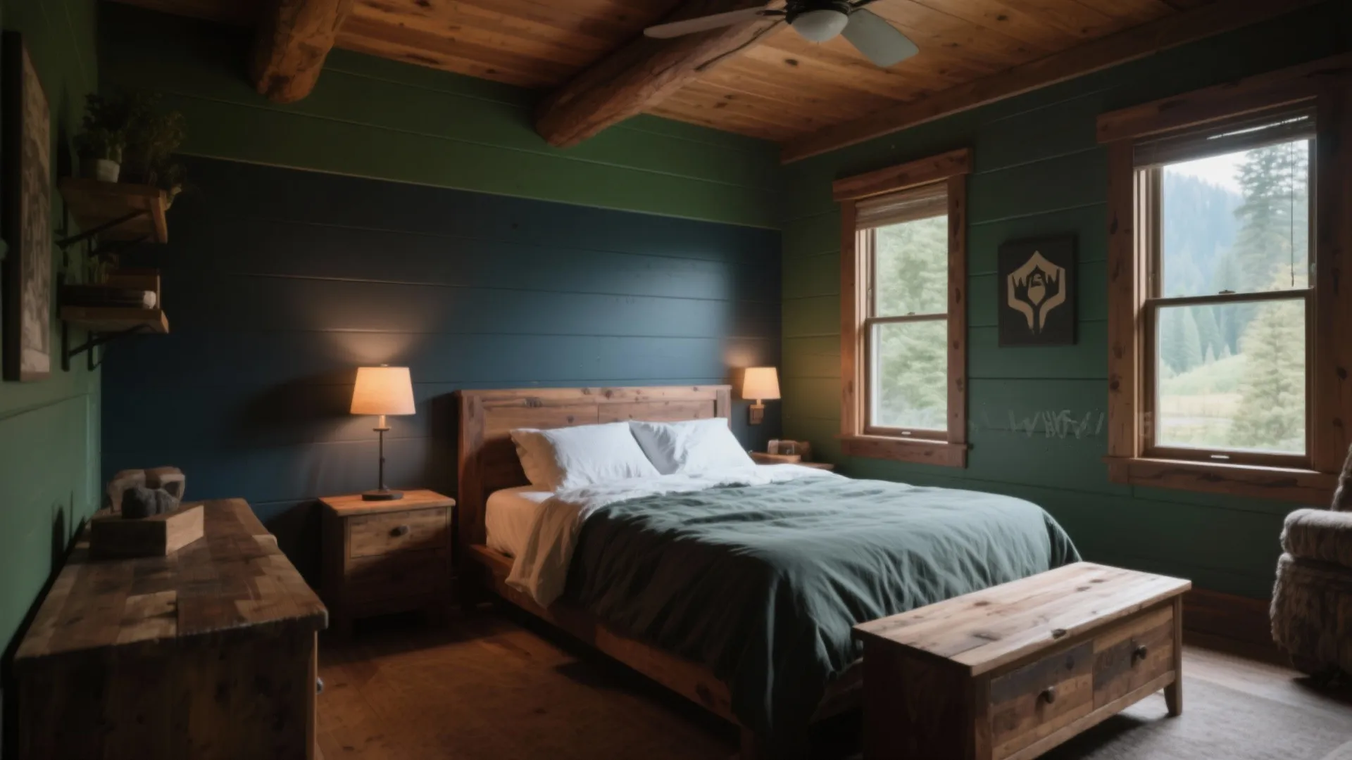 Bedroom with moody earth tone walls and rustic wood furniture