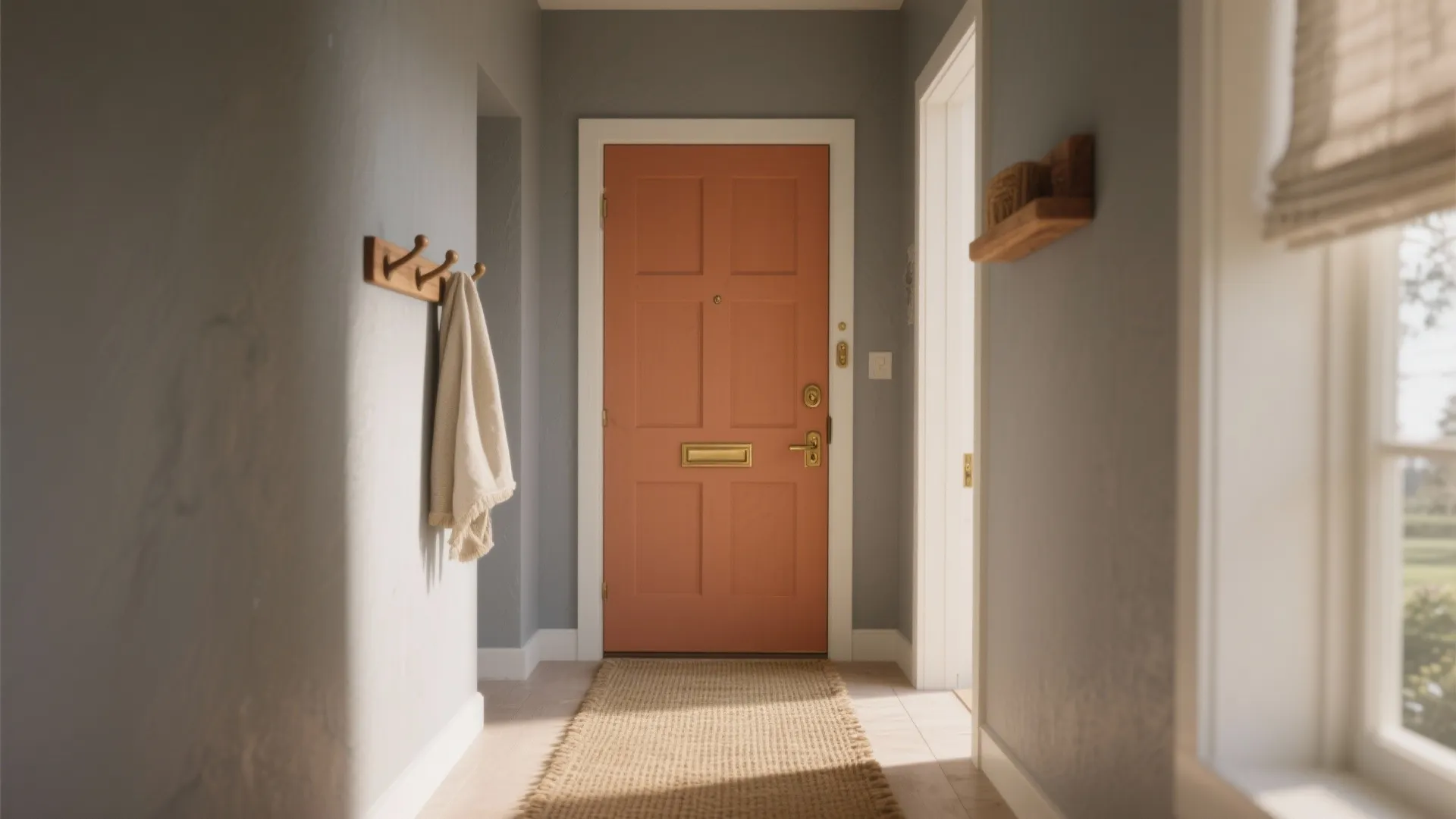 Entryway with a warm orange door grey walls wooden towel rack rug and bright natural light