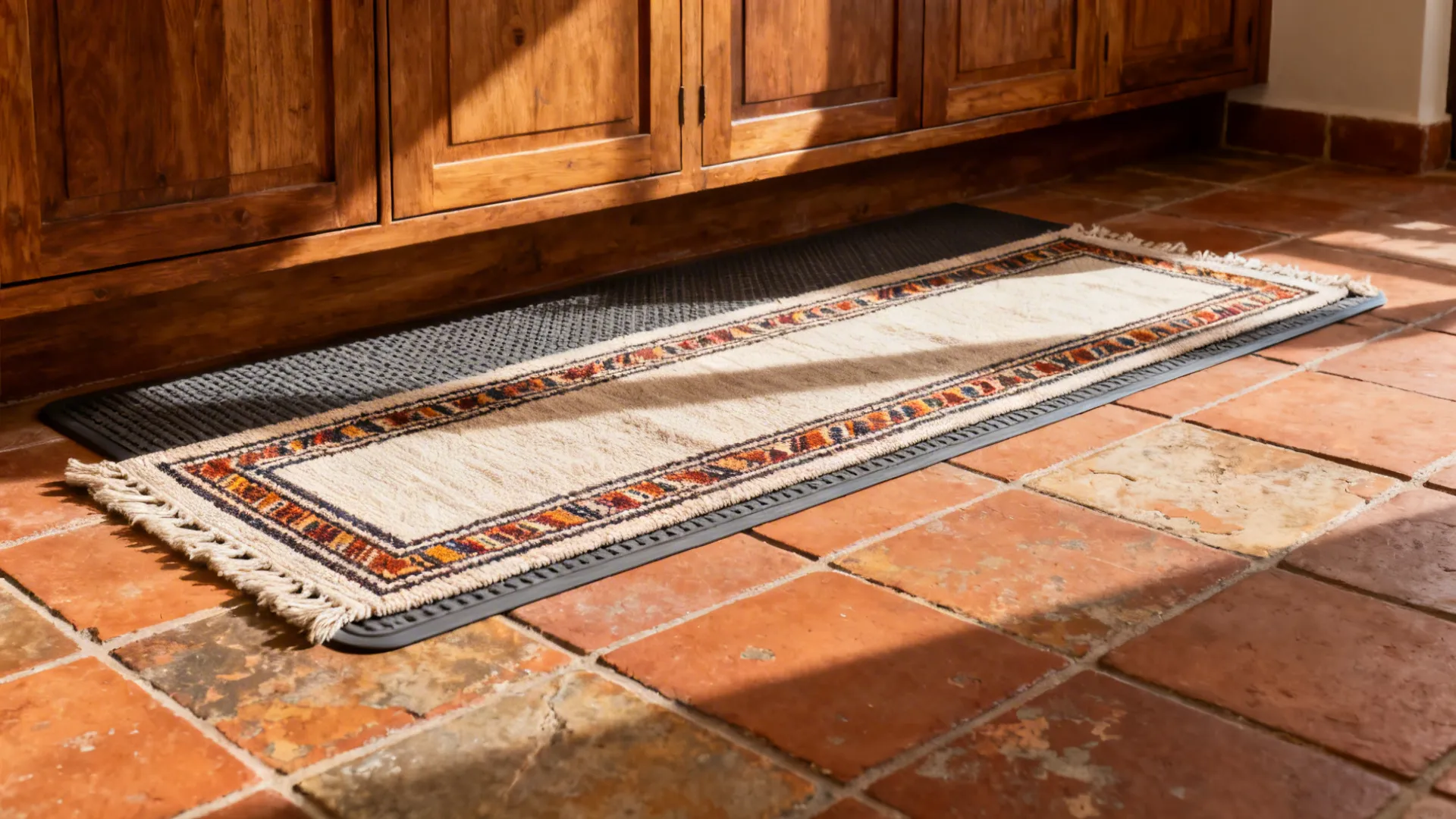 Earth-toned Kota or terracotta floor with a washable runner featuring subtle Kasavu-inspired pattern.
