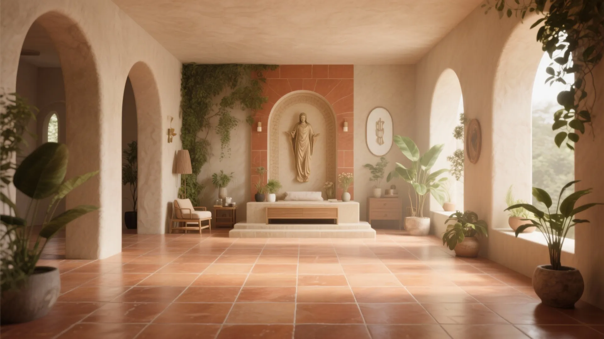 Warm interior design with orange floor tiles and green plants near a wall statue with windows