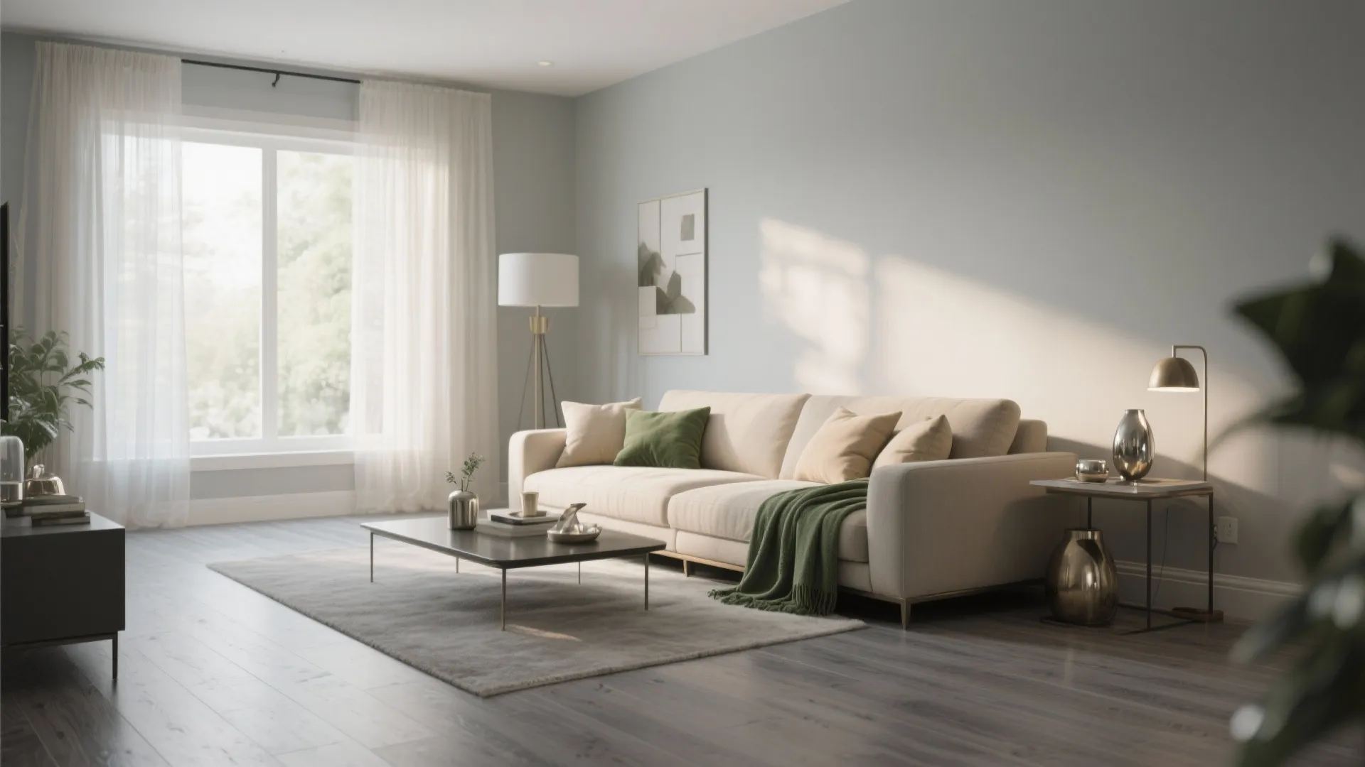 Minimalist living room with beige sofa green pillows grey rug light green walls and lamp