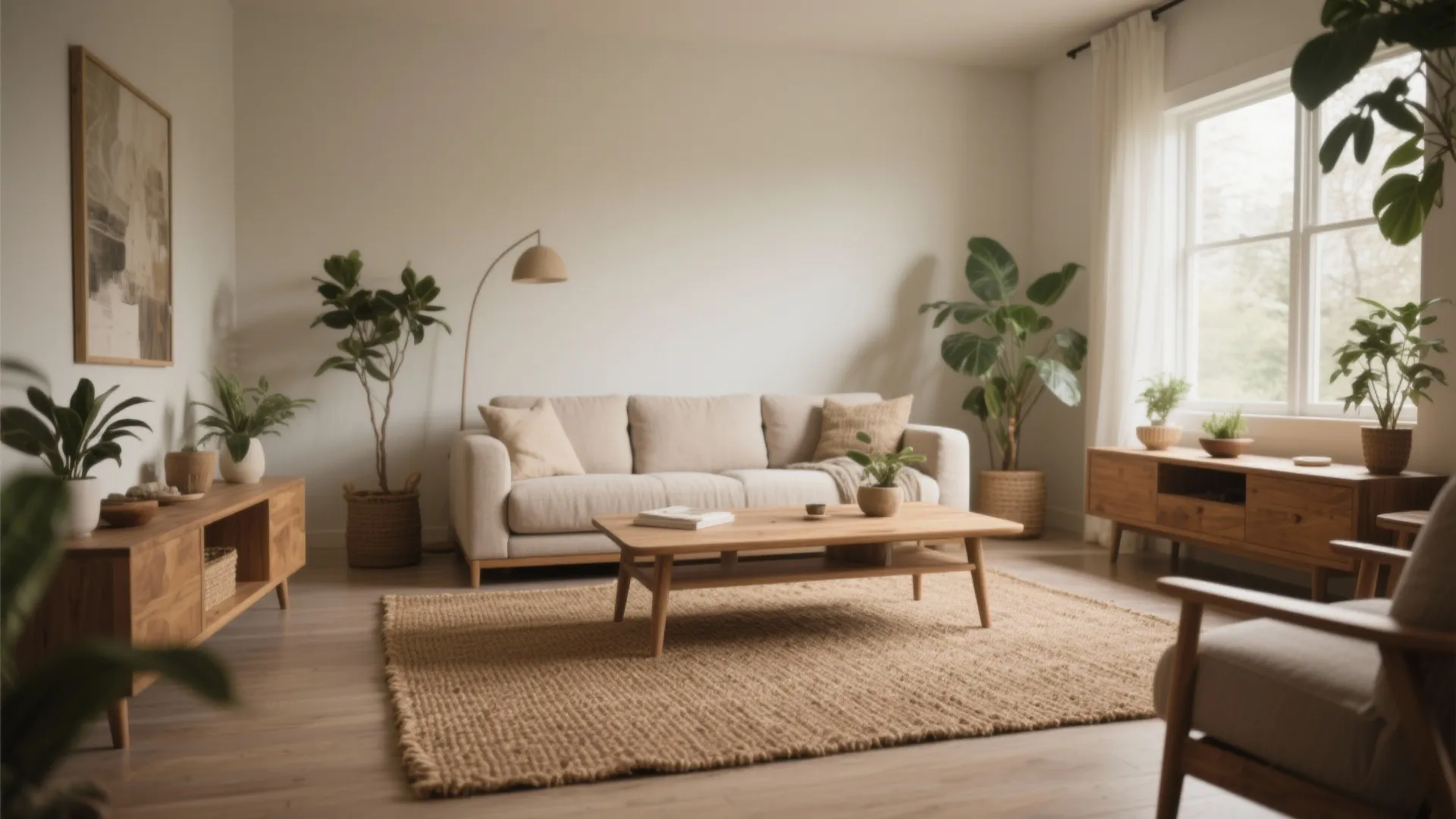 Natural living room with beige sofa wood coffee table jute rug green plants and floor lamp
