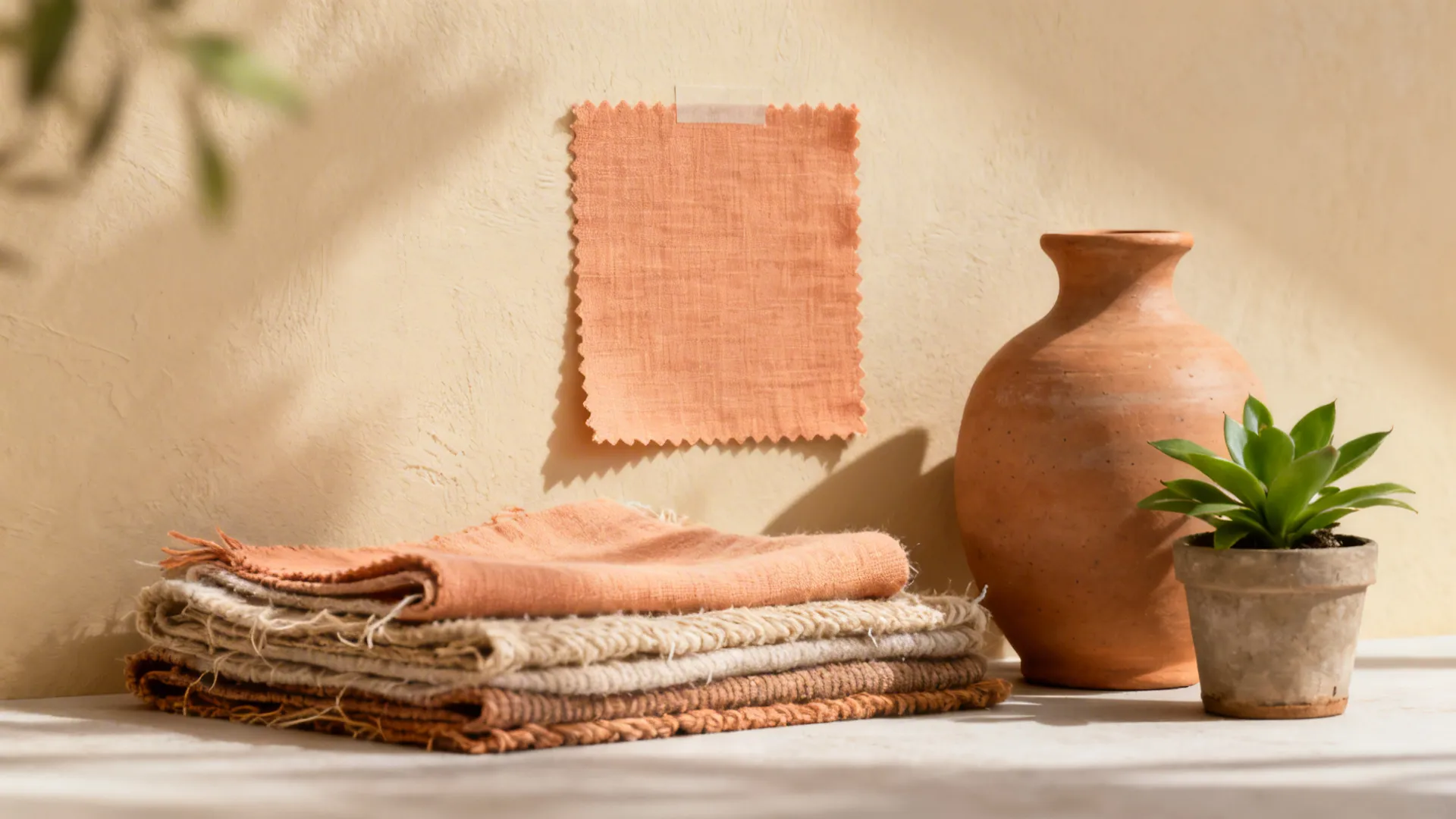 Close-up of warm beige and terracotta paint and textiles with a small plant
