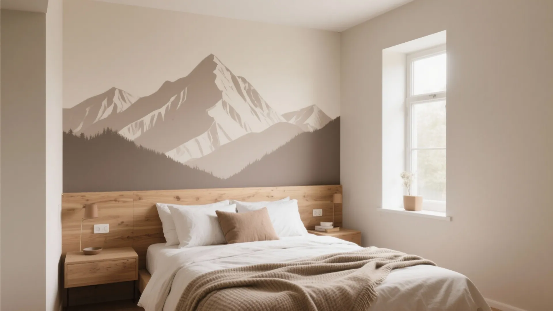 Minimalist bedroom with mountain wall painting in earth tones and a light wood bed frame