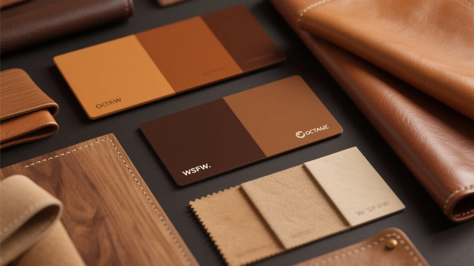 Earth-tone color palette samples with leather and wood textures