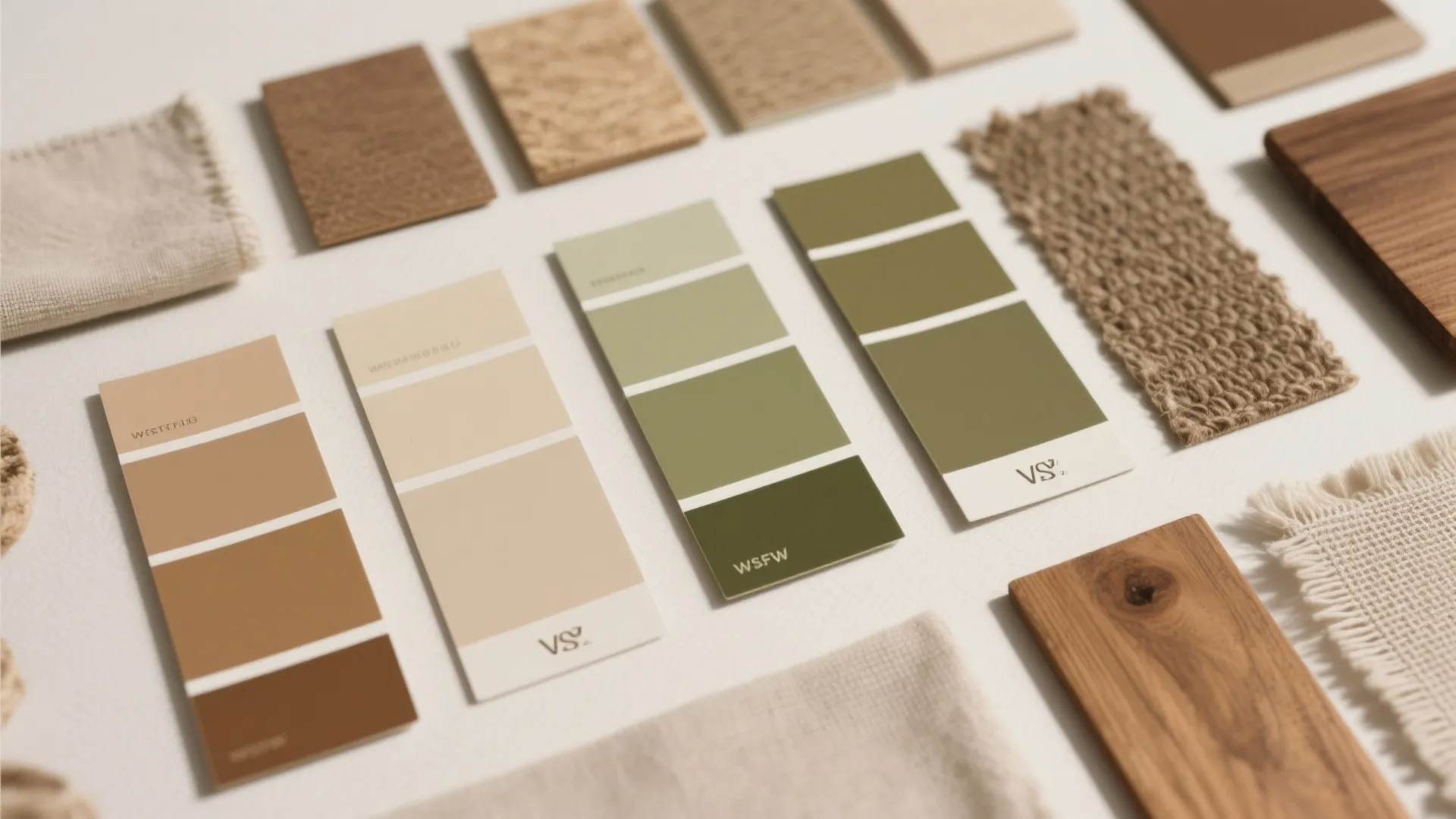 Mood board with green and brown color swatches, fabric samples, and wood pieces on white