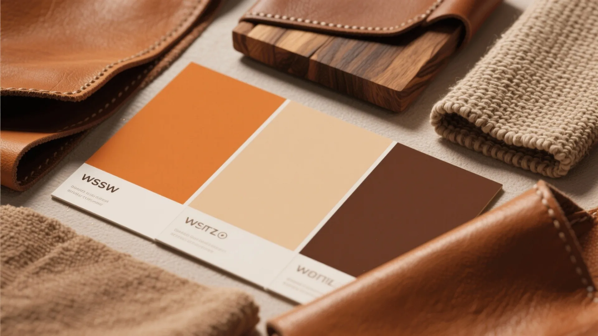 Earth tone color palette with orange beige and brown swatches beside leather and soft fabric