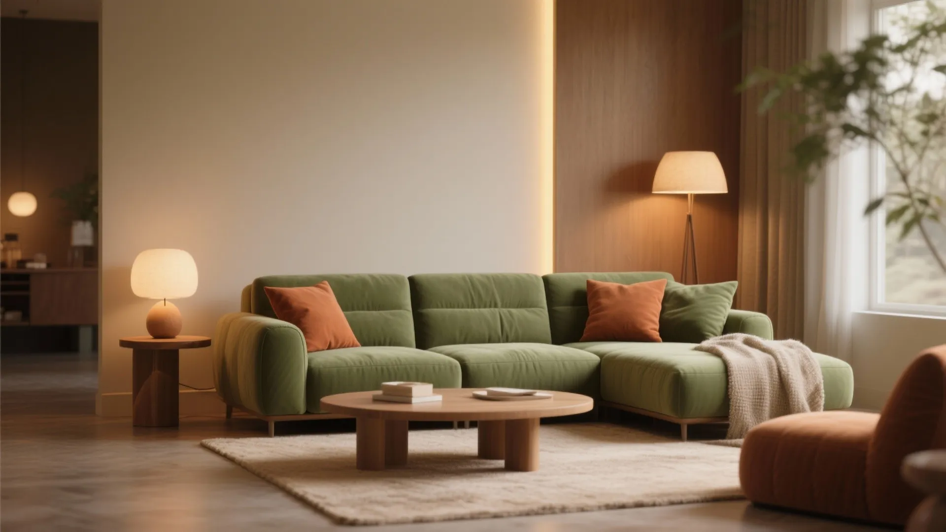 Cozy living room with green sofa, orange pillows, wooden coffee table, and warm floor lamp