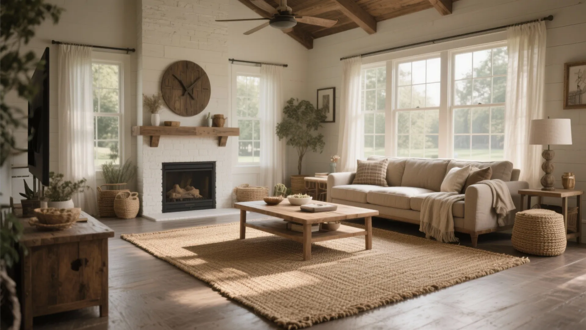 Cozy farmhouse living room with white fireplace wooden clock beige sofa brown rug and large windows