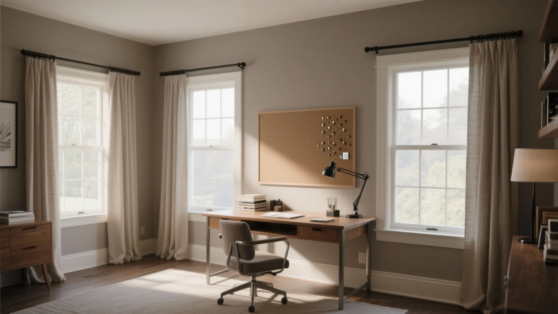 Minimalist home office with wooden desk grey chair corkboard three windows with curtains and lamp