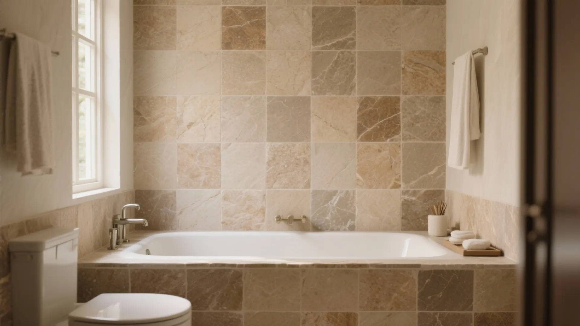 Neutral bathroom interior featuring a white bathtub, earthy stone wall tiles, window, and white towels