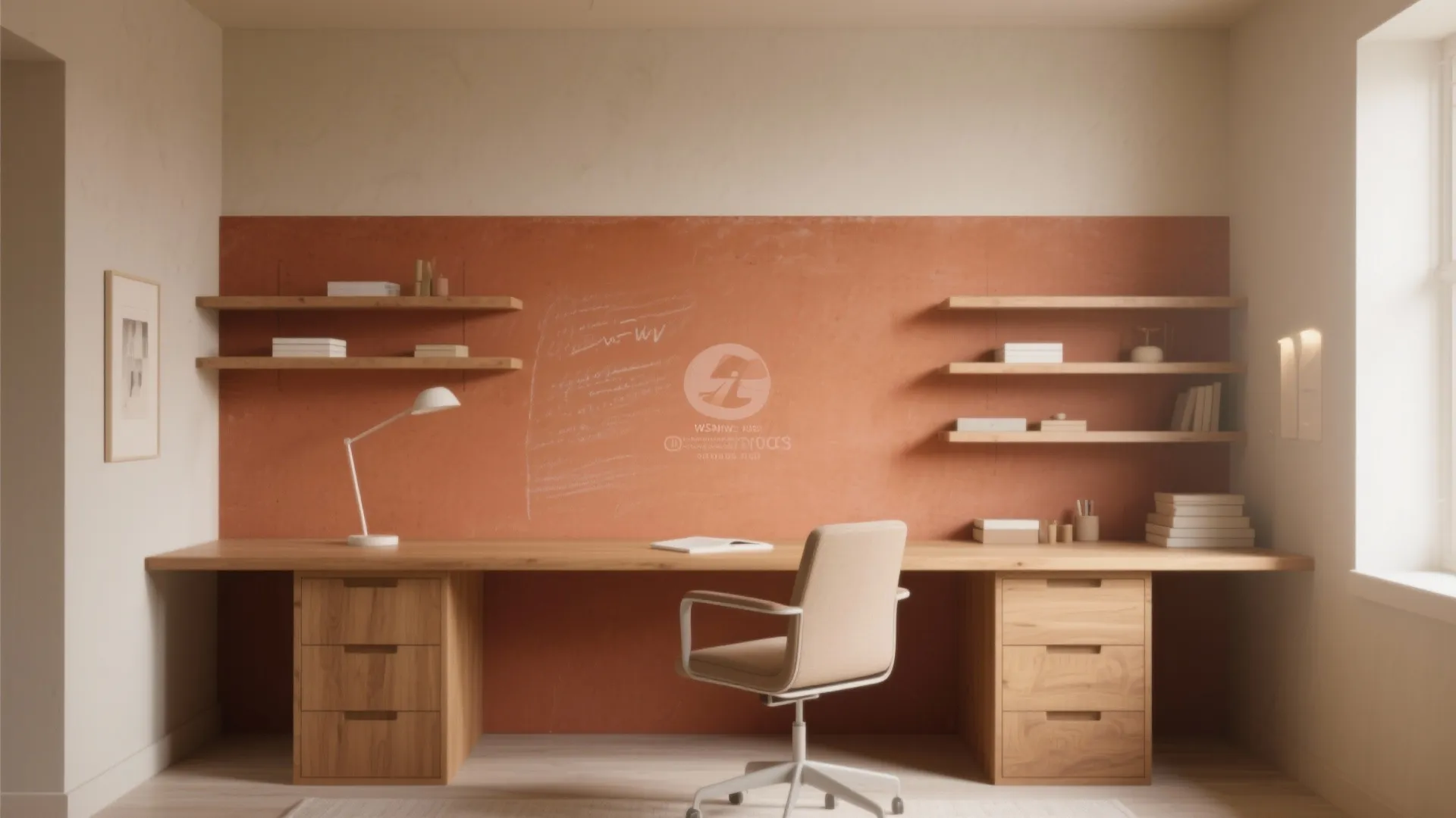 Modern home office with wooden desk, terracotta wall, wall shelves, desk lamp, and beige chair