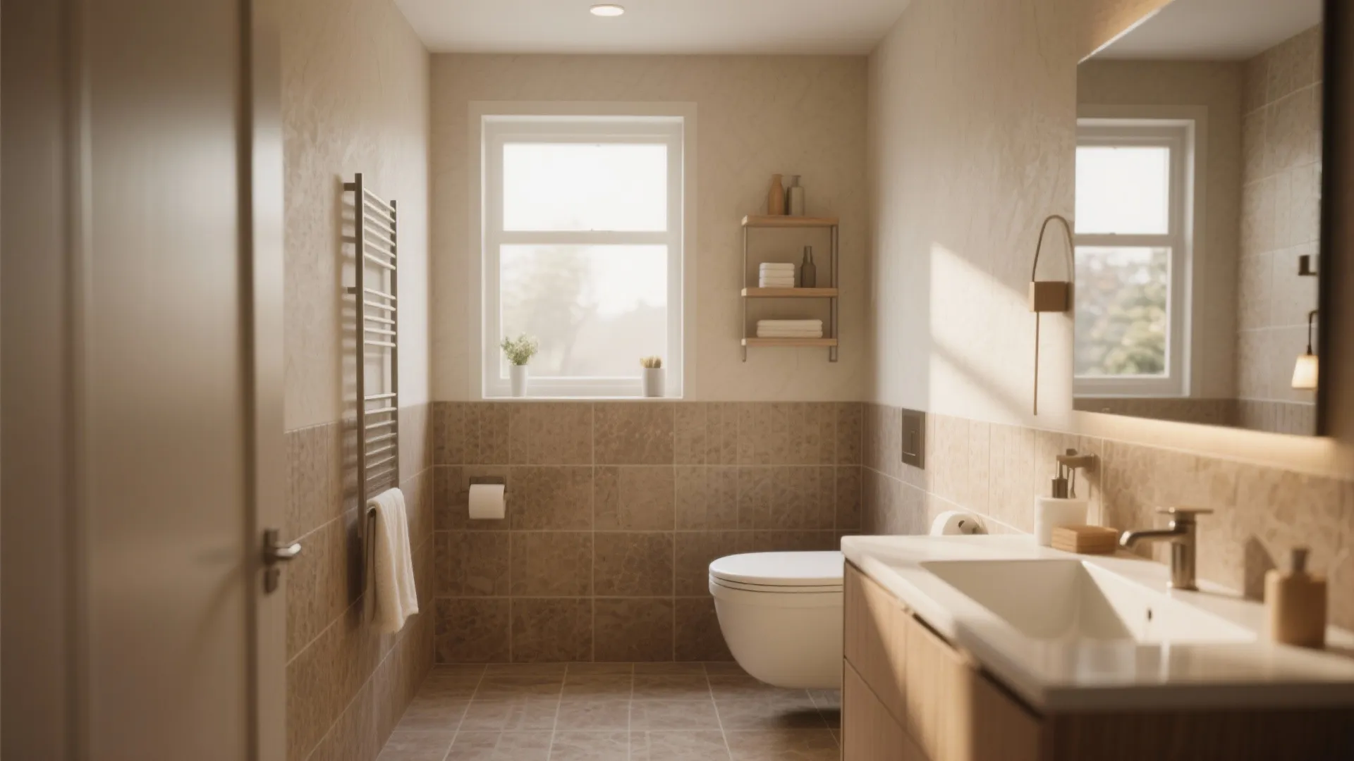 Warm bathroom design with brown stone tiles white toilet wooden cabinet and a bright window