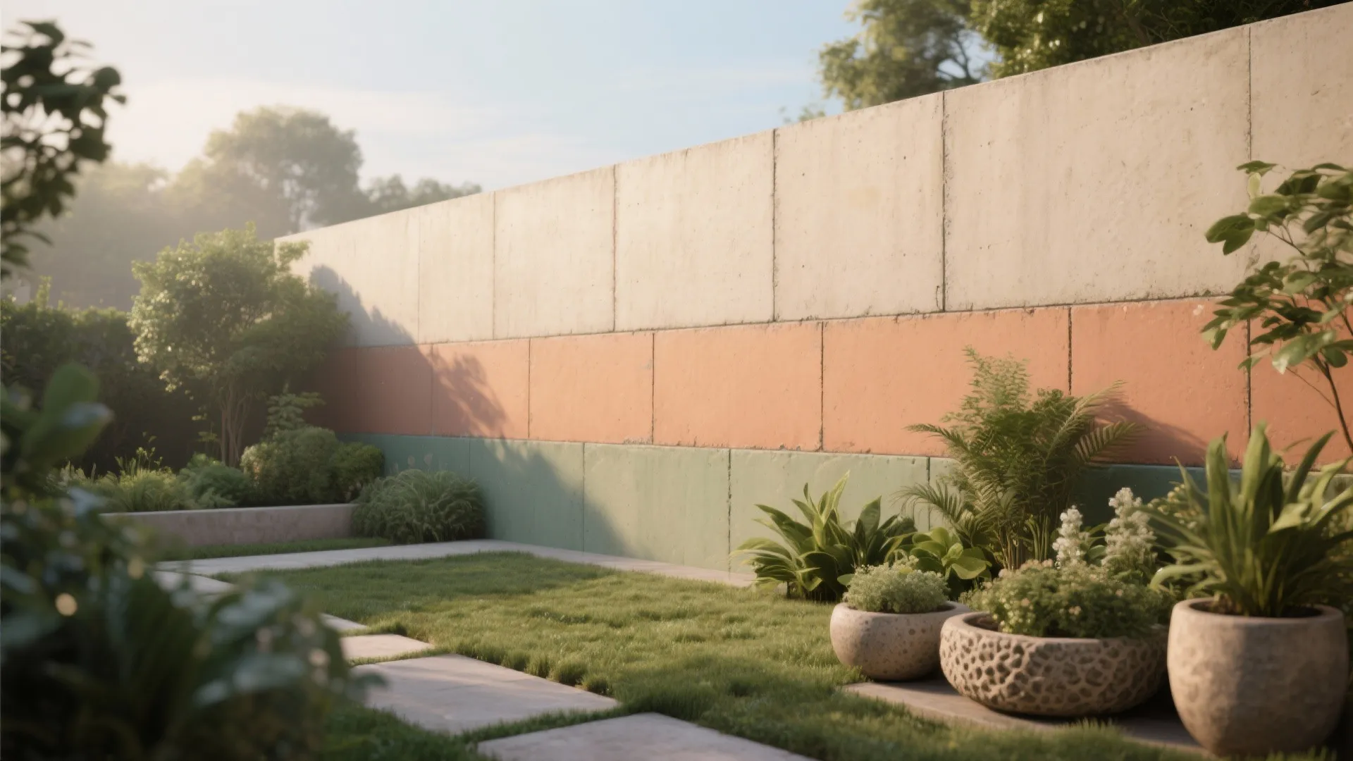 Modern backyard garden with colored concrete block wall green lawn stone path and several plants