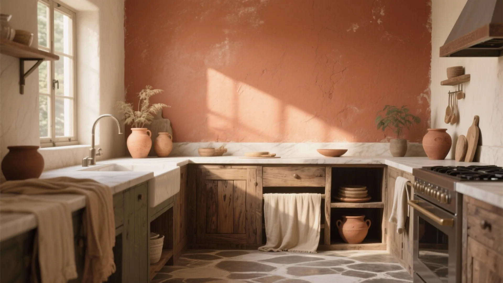 Sunlit kitchen with a terracotta focal wall, reclaimed wood counters and clay pots creating warm earthy tones.