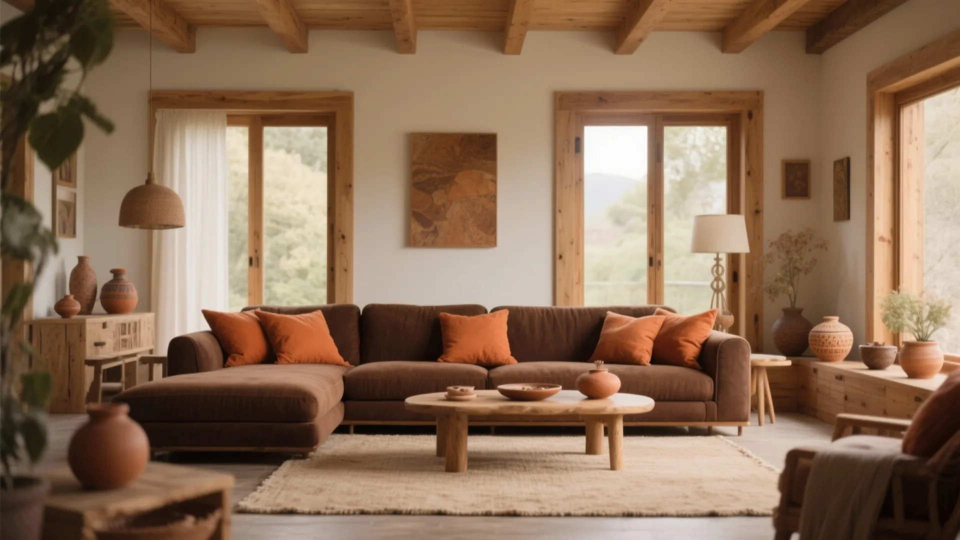 Brown sofa with terracotta pillows and sand rug in cozy living room