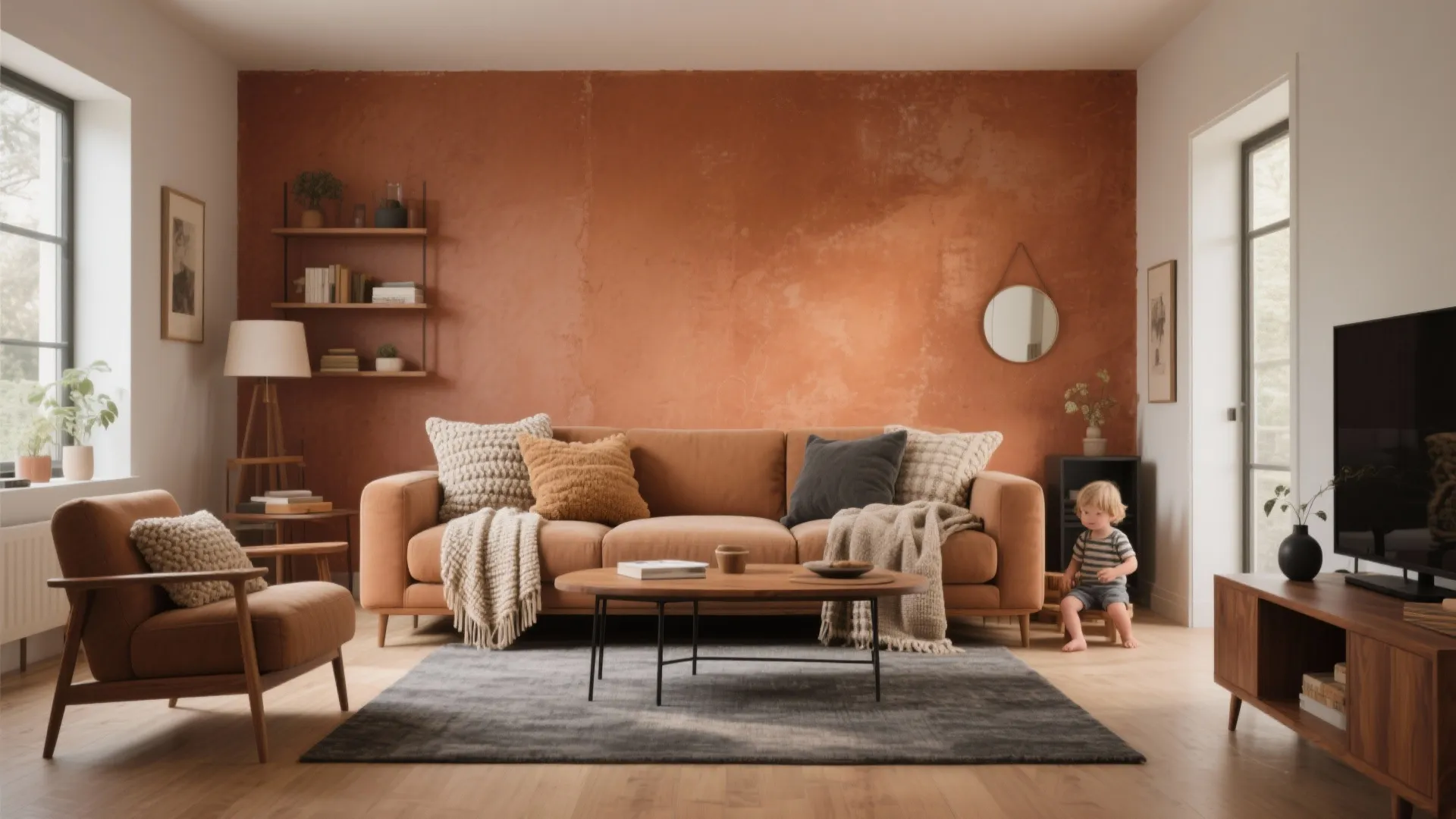 Warm living room with orange wall brown sofa wooden cabinet grey rug and natural indoor light