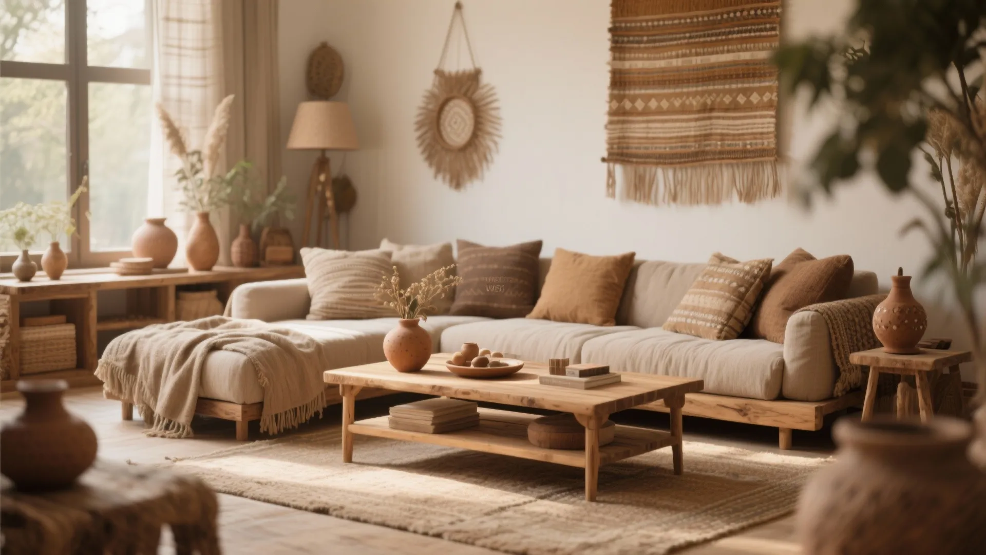 Warm living room with beige sofa wooden coffee table woven wall decor and clay pottery