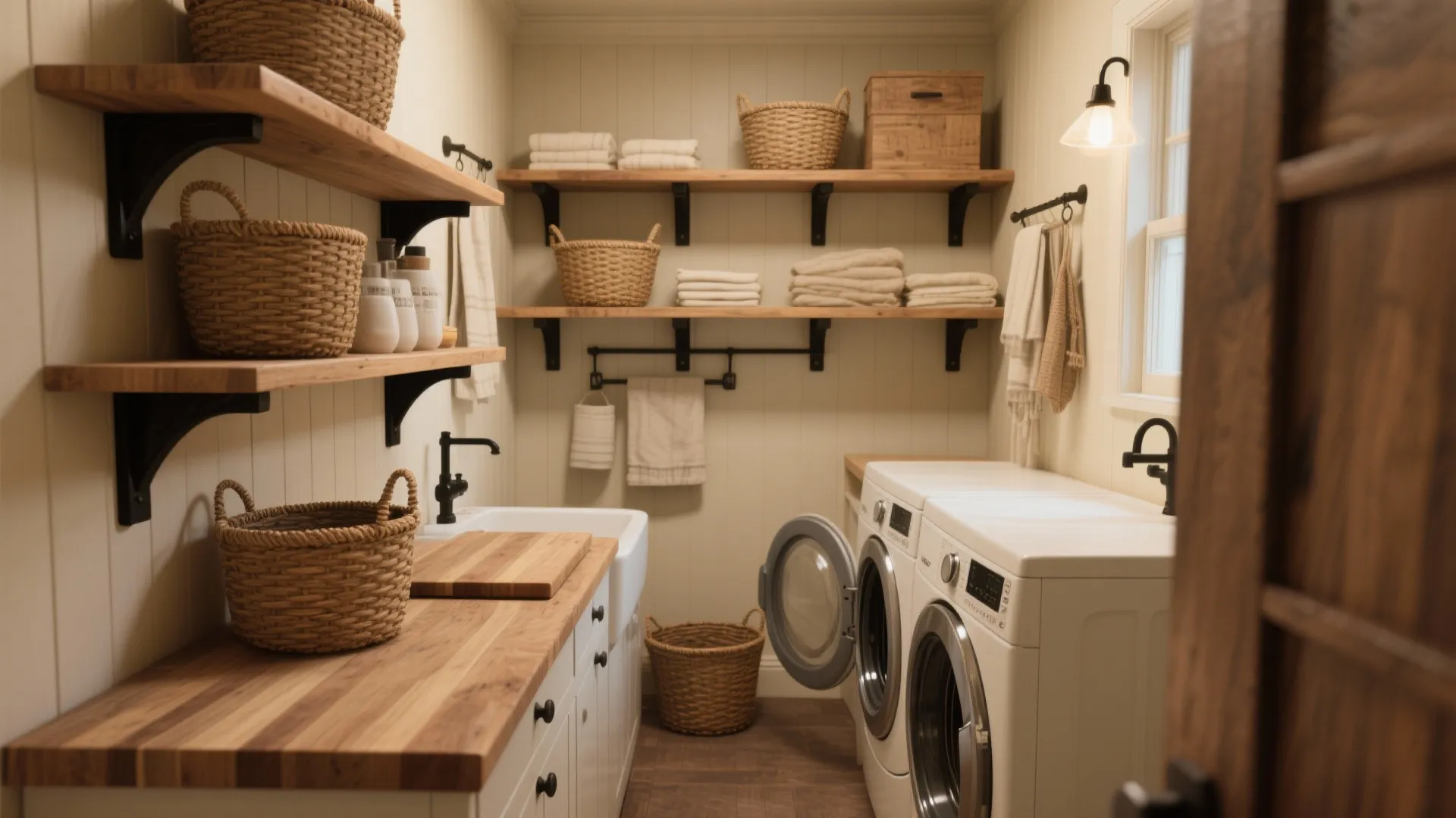 Rustic laundry room with wooden shelves woven baskets washing machine dryer and cream colored wall