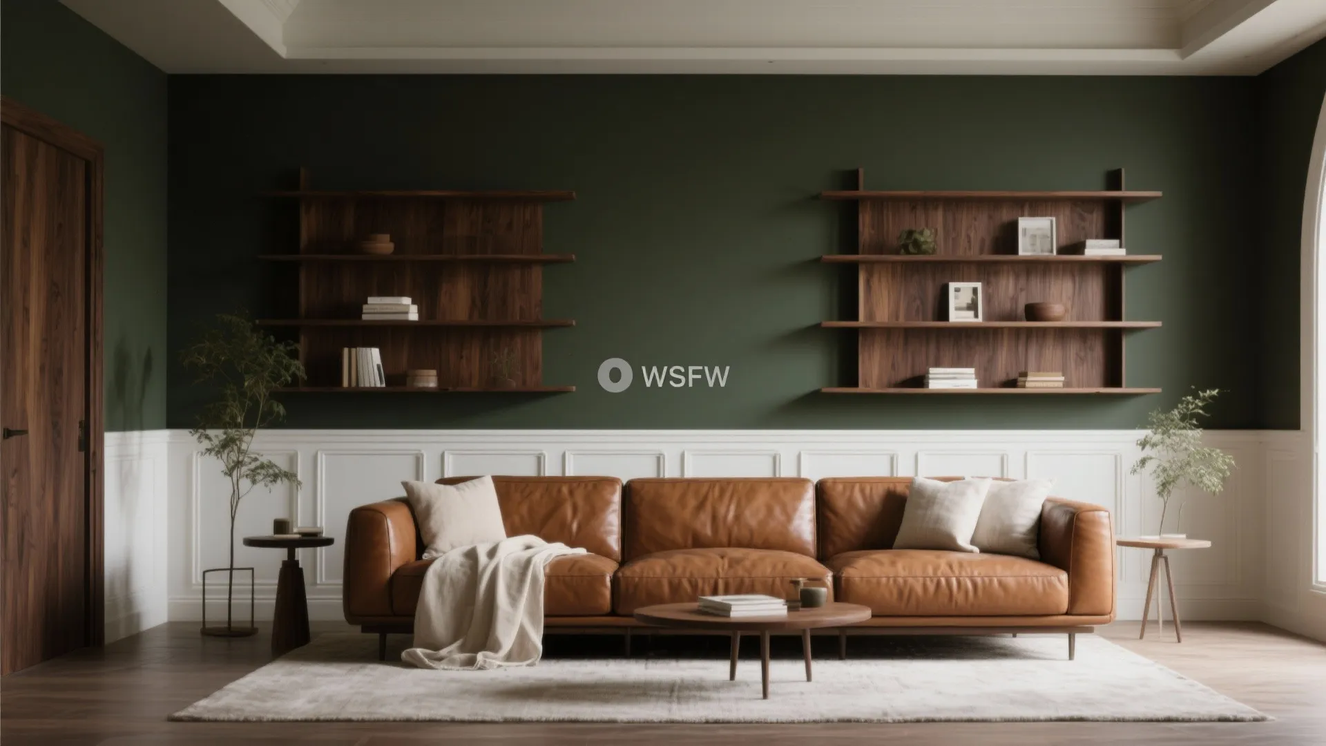 Layered neutrals: dark earth tones with warm wood