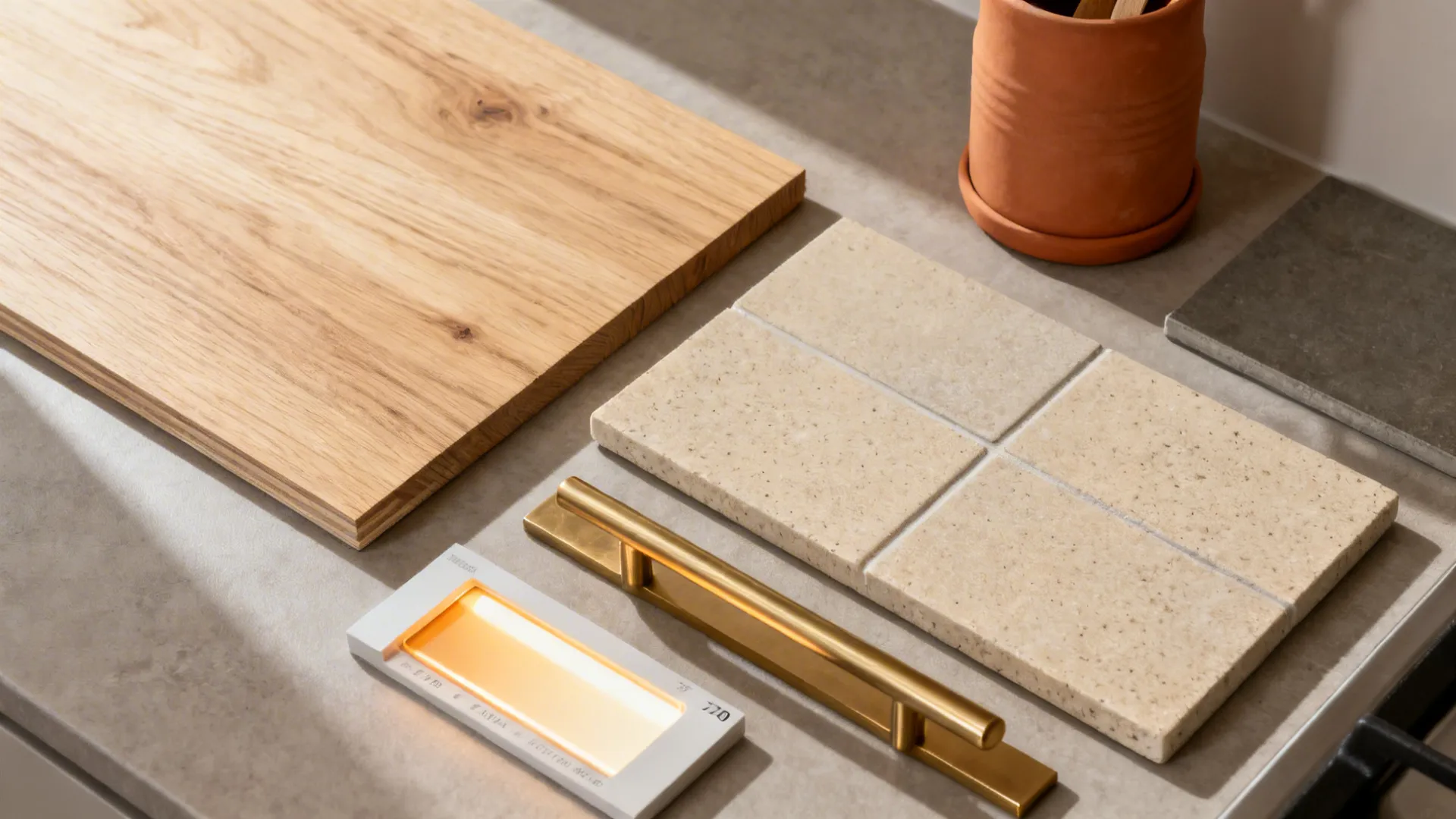 Wood board stone tiles gold handle and light fixture samples on a grey stone kitchen counter