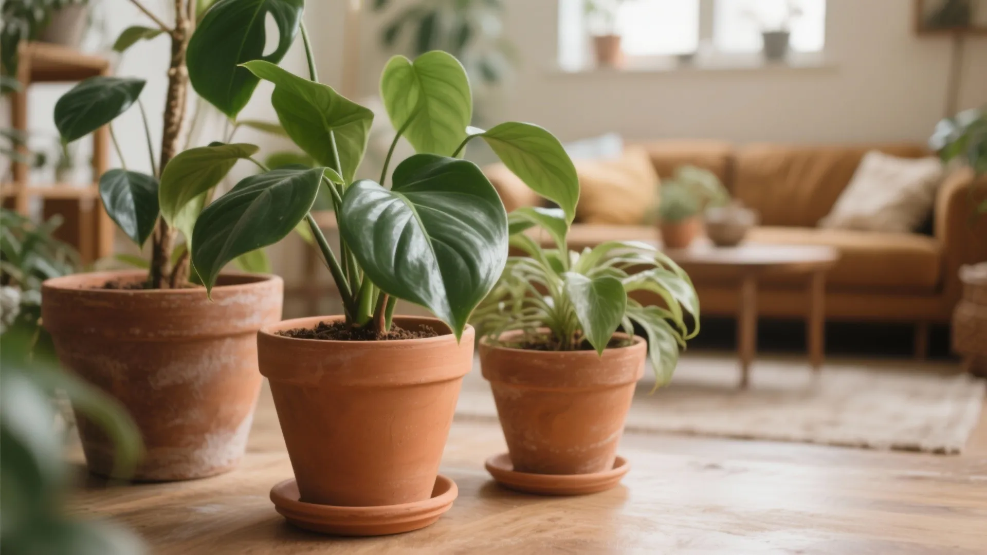 Three green indoor plants in brown clay pots sitting on a wooden floor at home