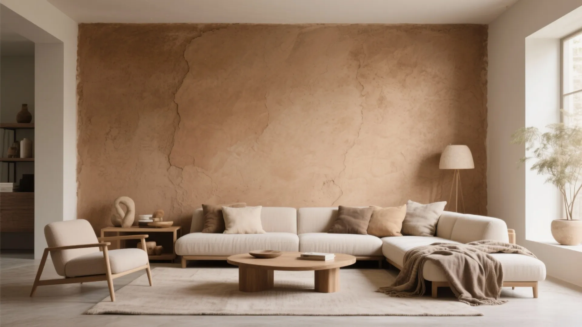 Living room with clay plaster earthy accent wall