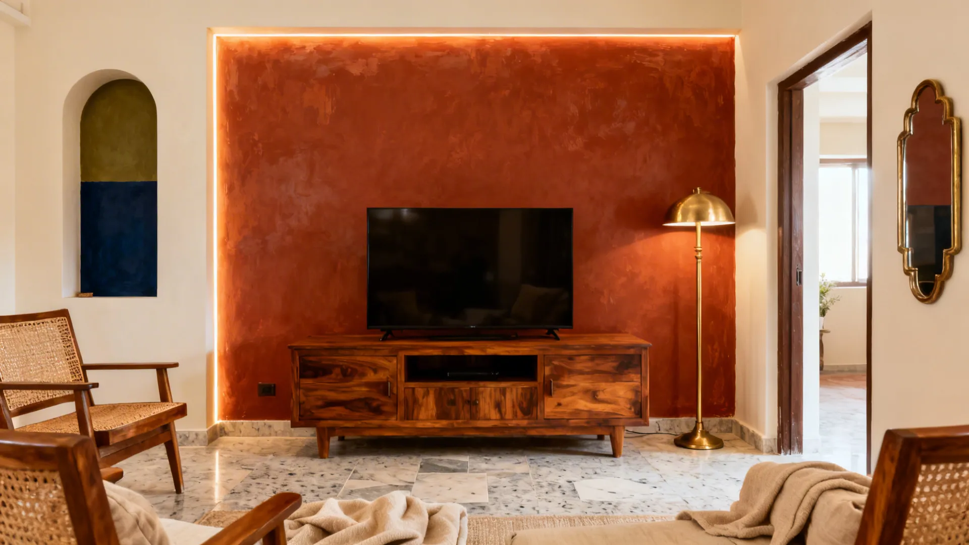 Indian living room with a terracotta accent wall, teak furniture, cane chairs, and warm lighting.