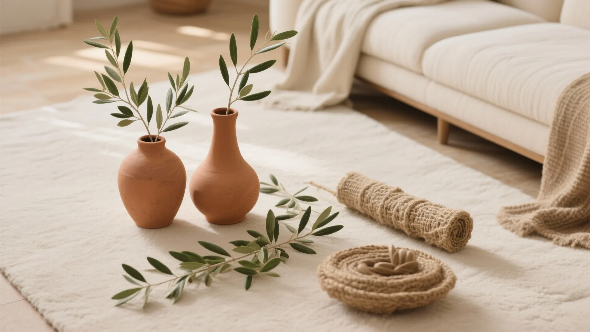 Earthy-toned decor accents for a neutral living room