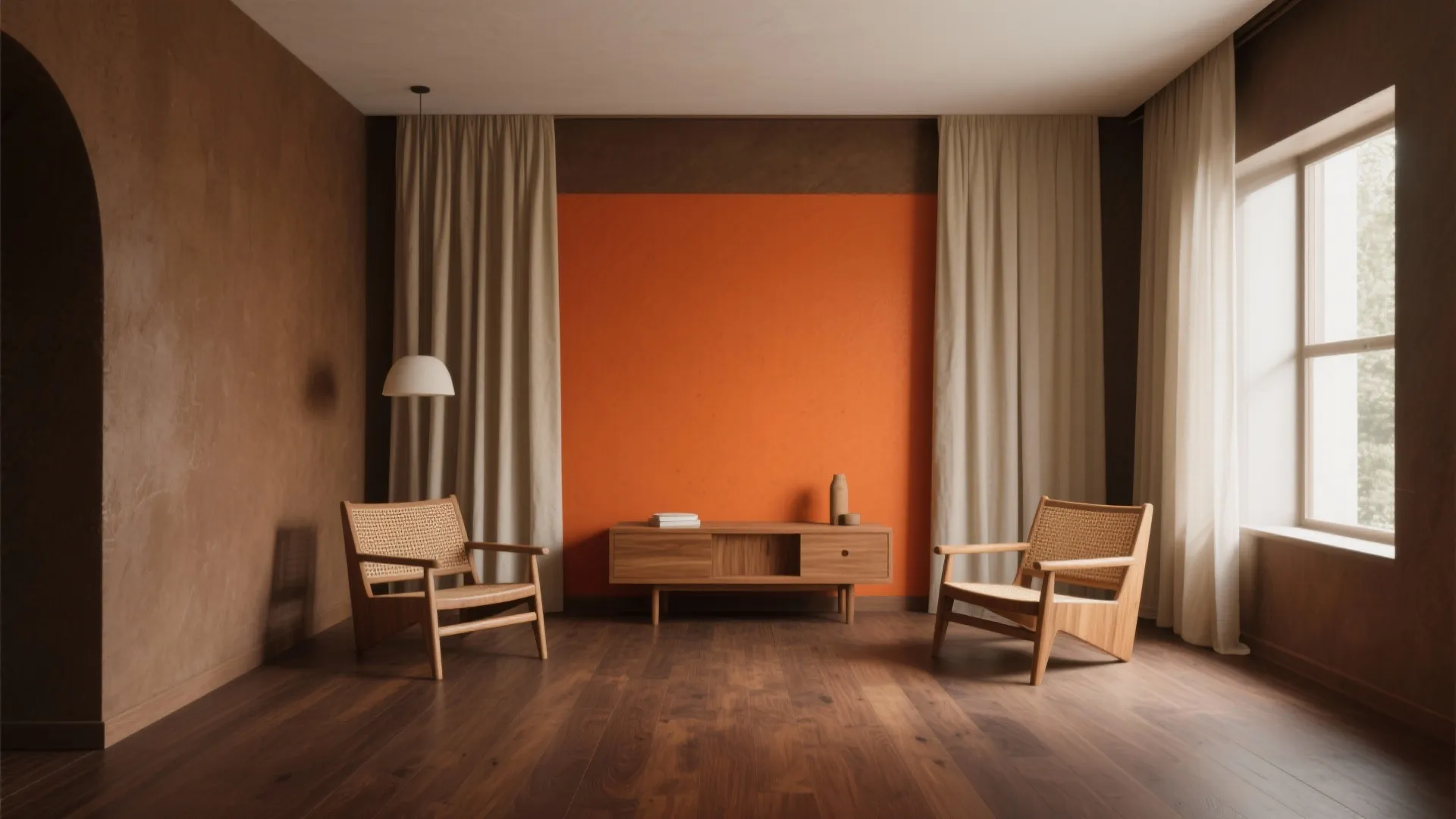 1. Earthy Base with a Single Orange Accent Wall