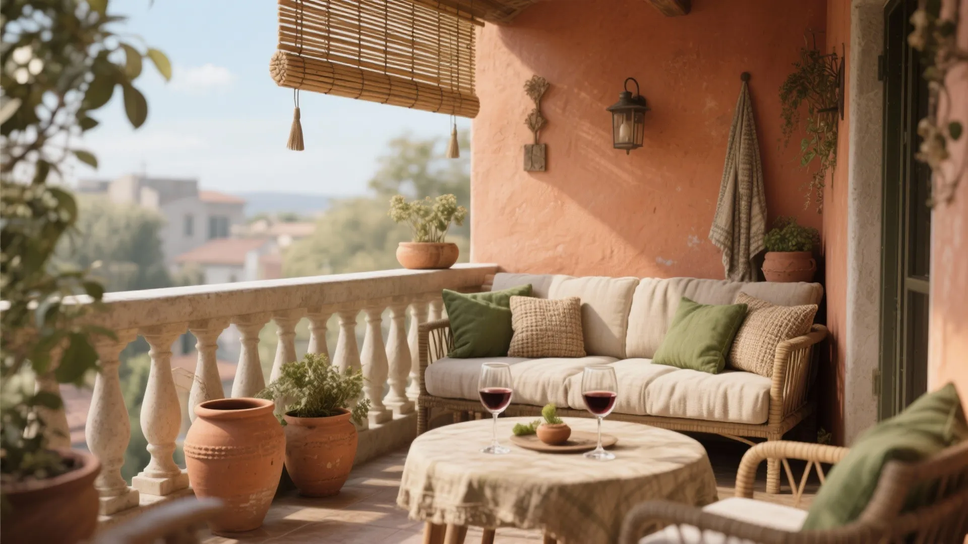 Warm balcony with orange walls beige sofa green pillows clay pots and a small round table