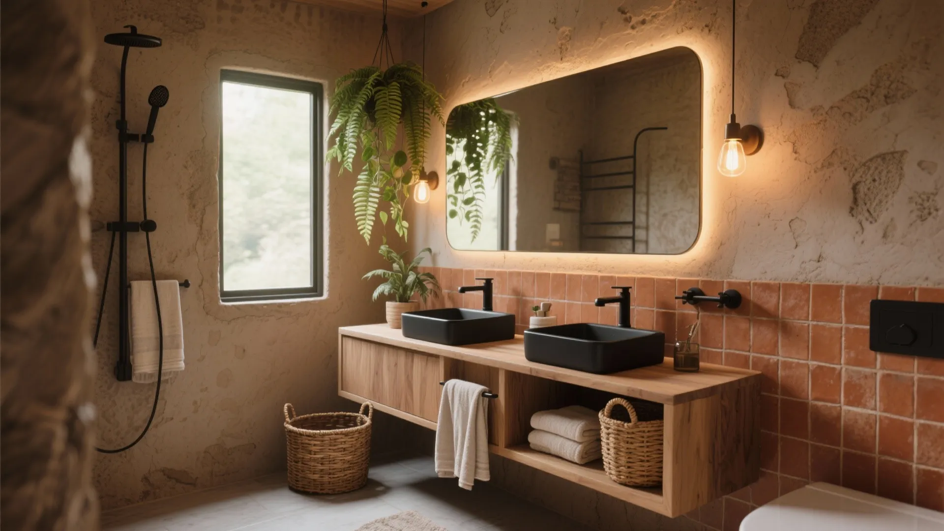 Rustic bathroom with double black sinks wooden cabinet large lit mirror and hanging green plants
