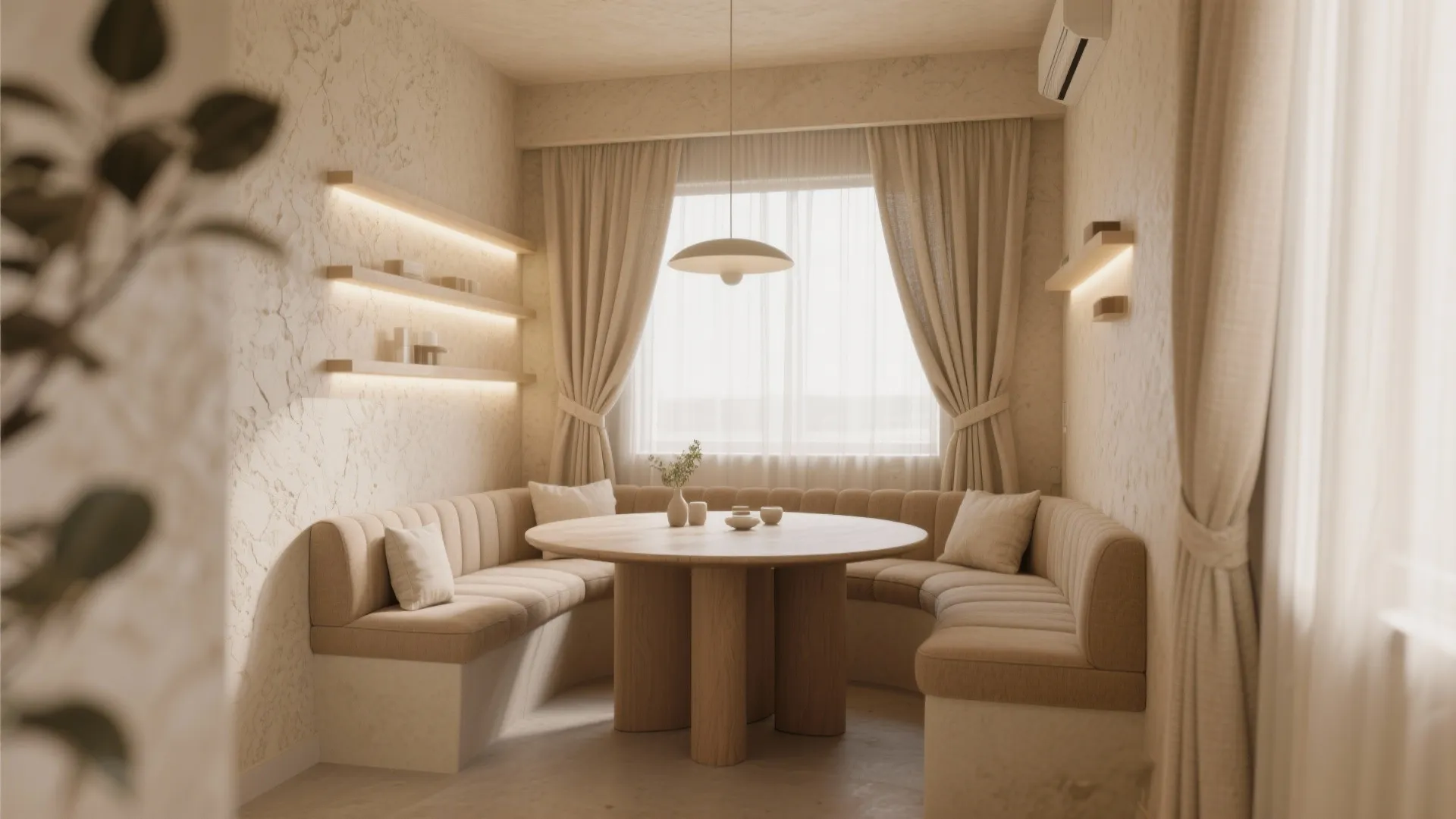 Earthy beige dining space with linen curtains and soft lights