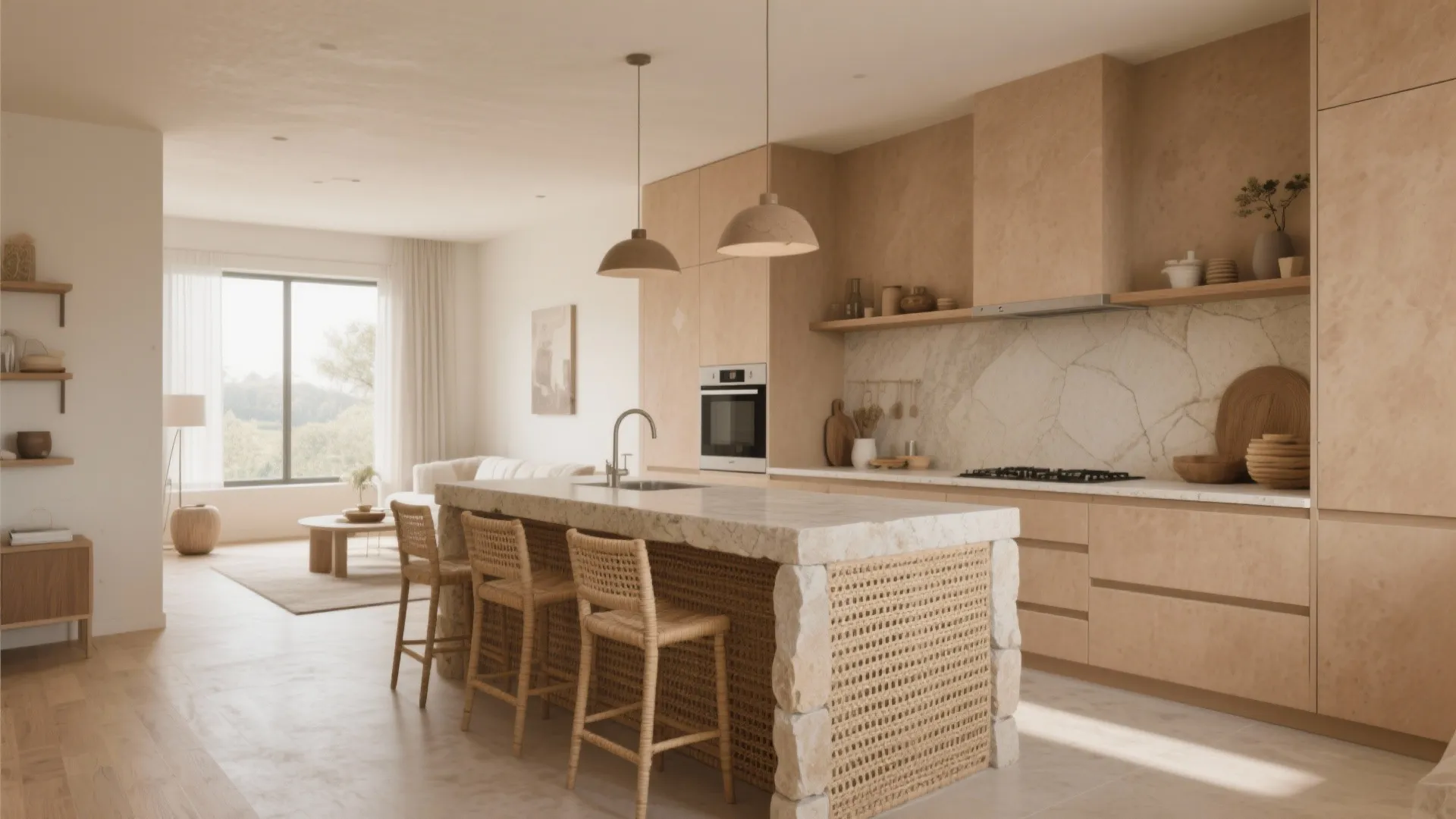 Modern earthy beige kitchen with stone island woven bar stools wood cabinets and large bright window