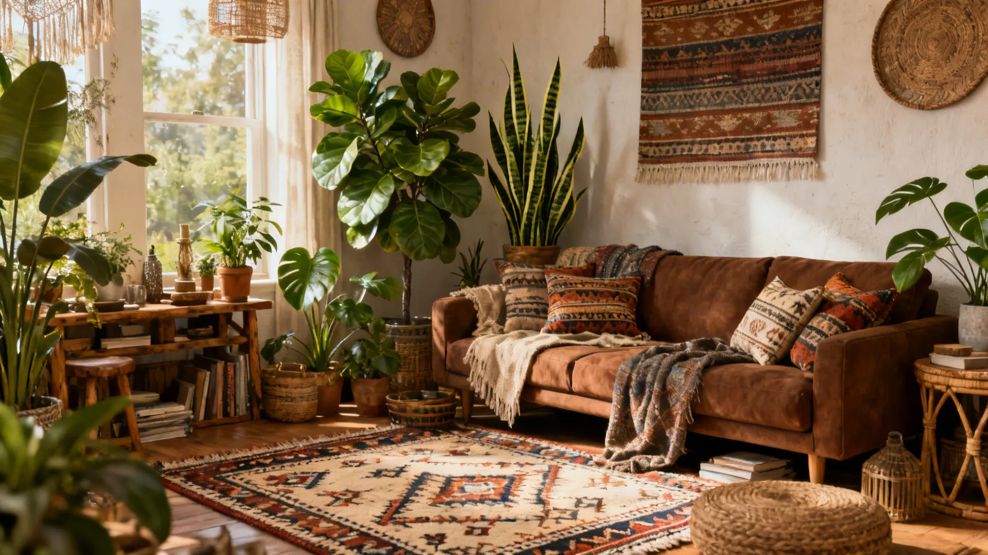 Earthy boho living room featuring brown sofa green indoor plants patterned rug and natural sunlight