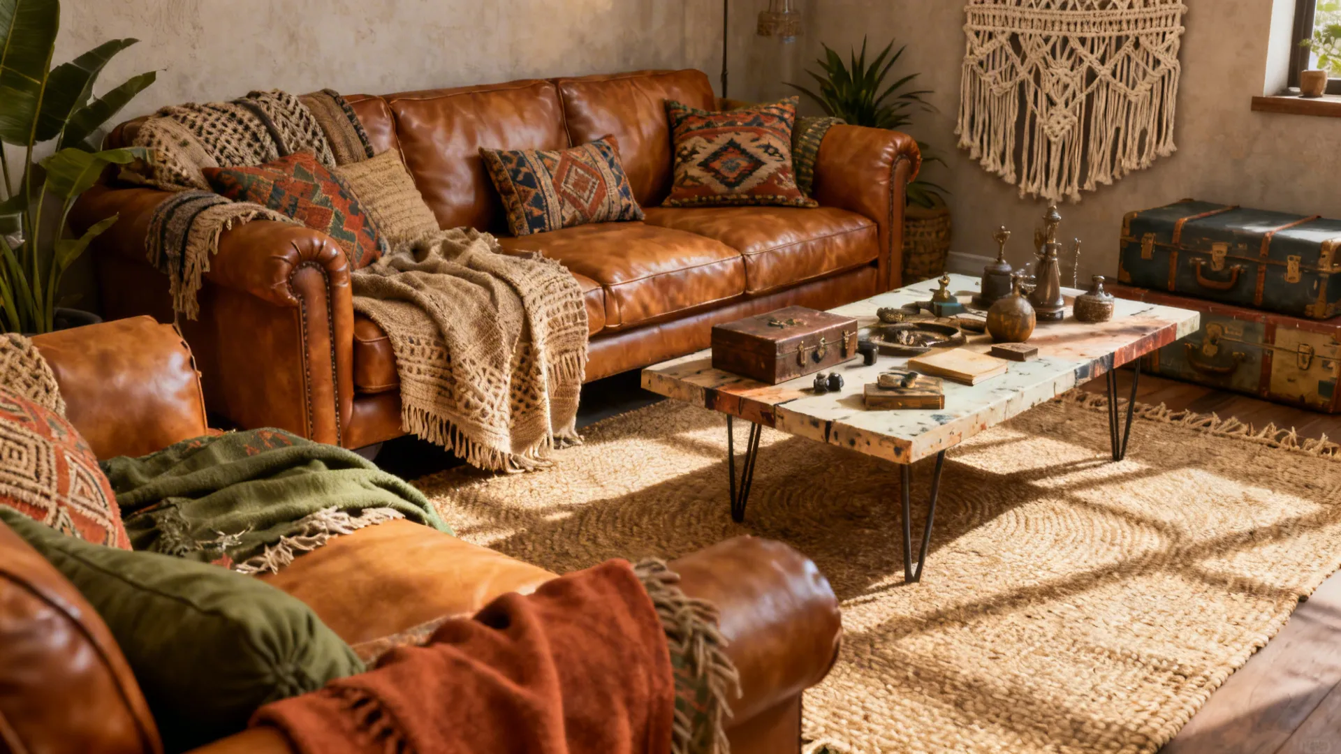Boho living room with a tan leather sofa layered with woven textiles, patterned pillows and a jute rug.