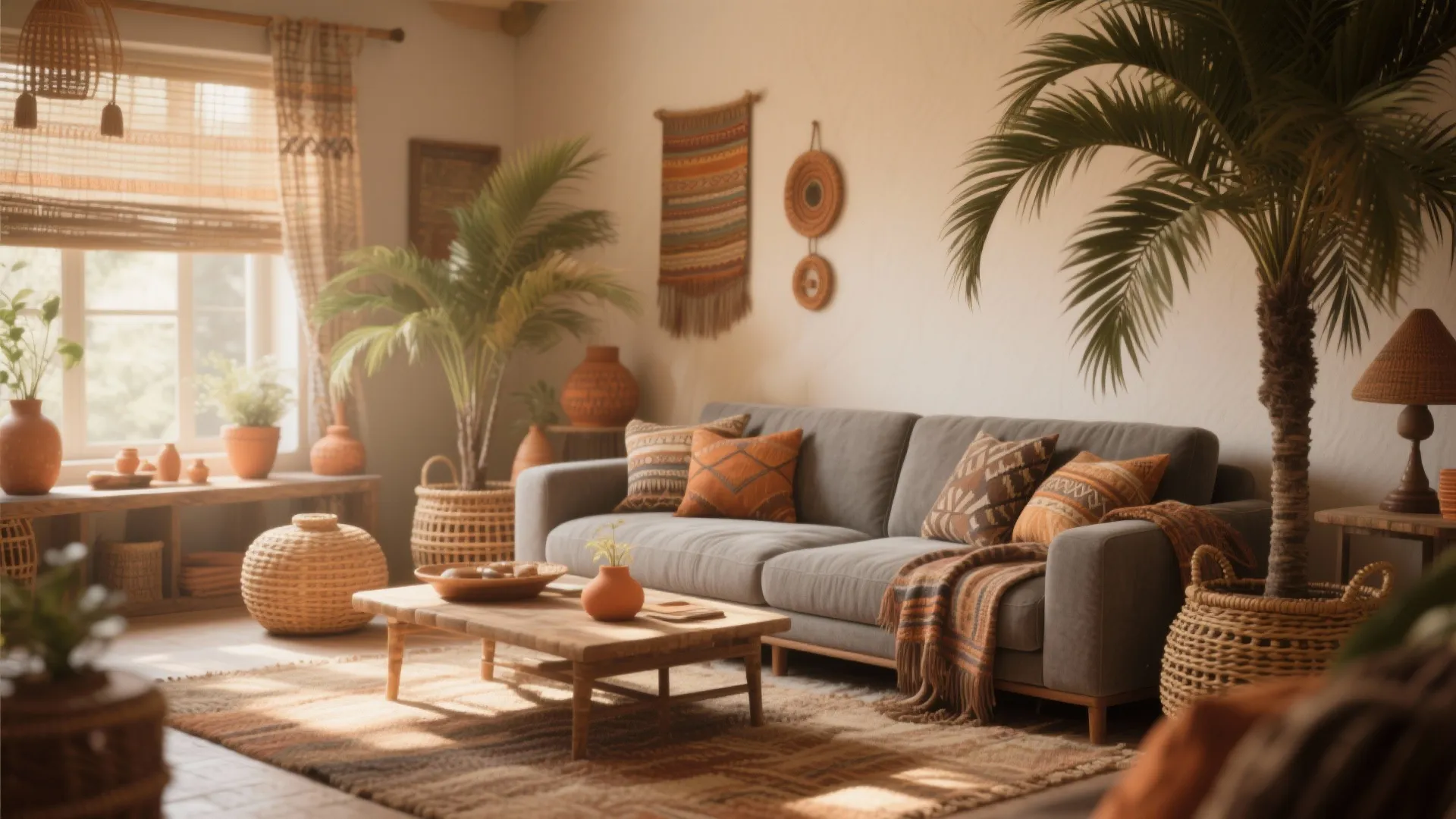 Grey couch in boho living room with plants and terracotta decor