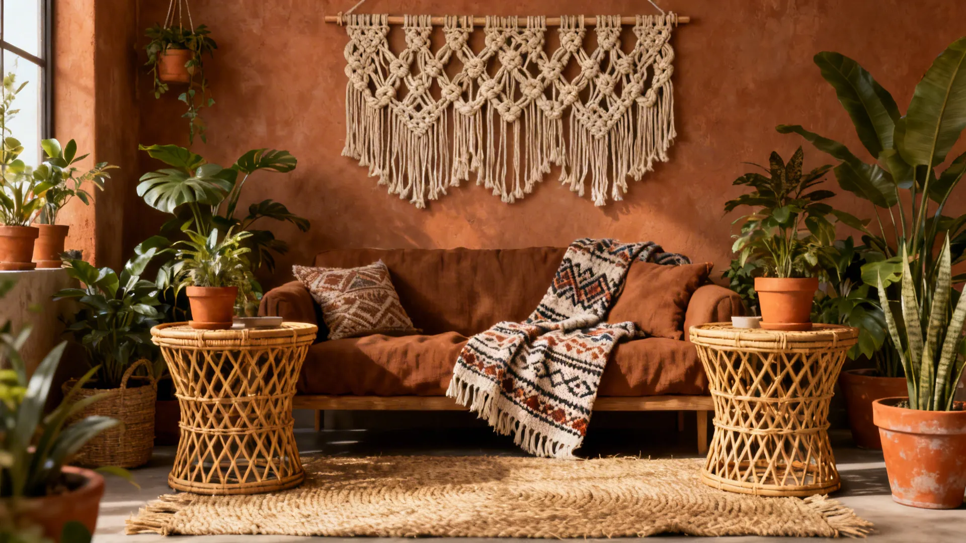 Earthy living room with brown sofa, woven wall hanging, green plants, and wicker side tables