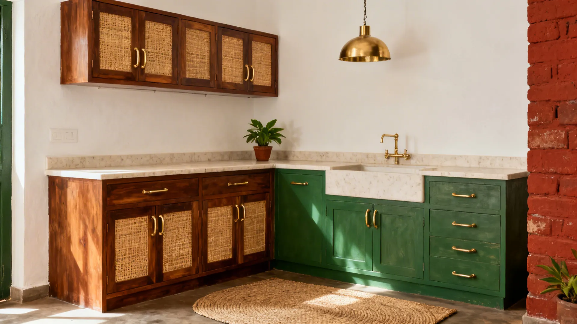 Earthy Kerala palette with wood cabinets, cane inserts, brass hardware, and woven accents.